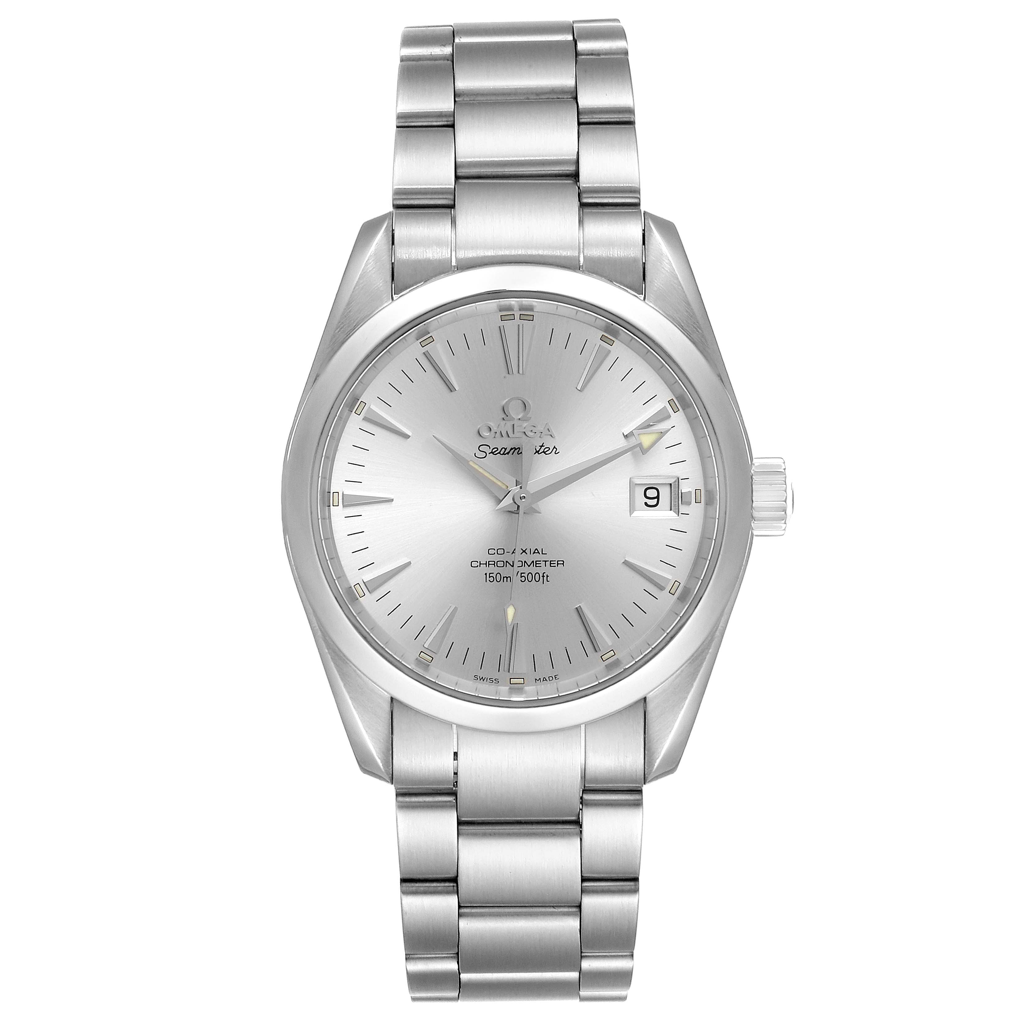 The image shows a frontal view of the Omega Aqua Terra 2504.30.00 Men
s Stainless Steel Silver Dial 2504.30.00 Men
s Stainless Steel Silver Dial watch, displaying the face, bezel, and metal bracelet.