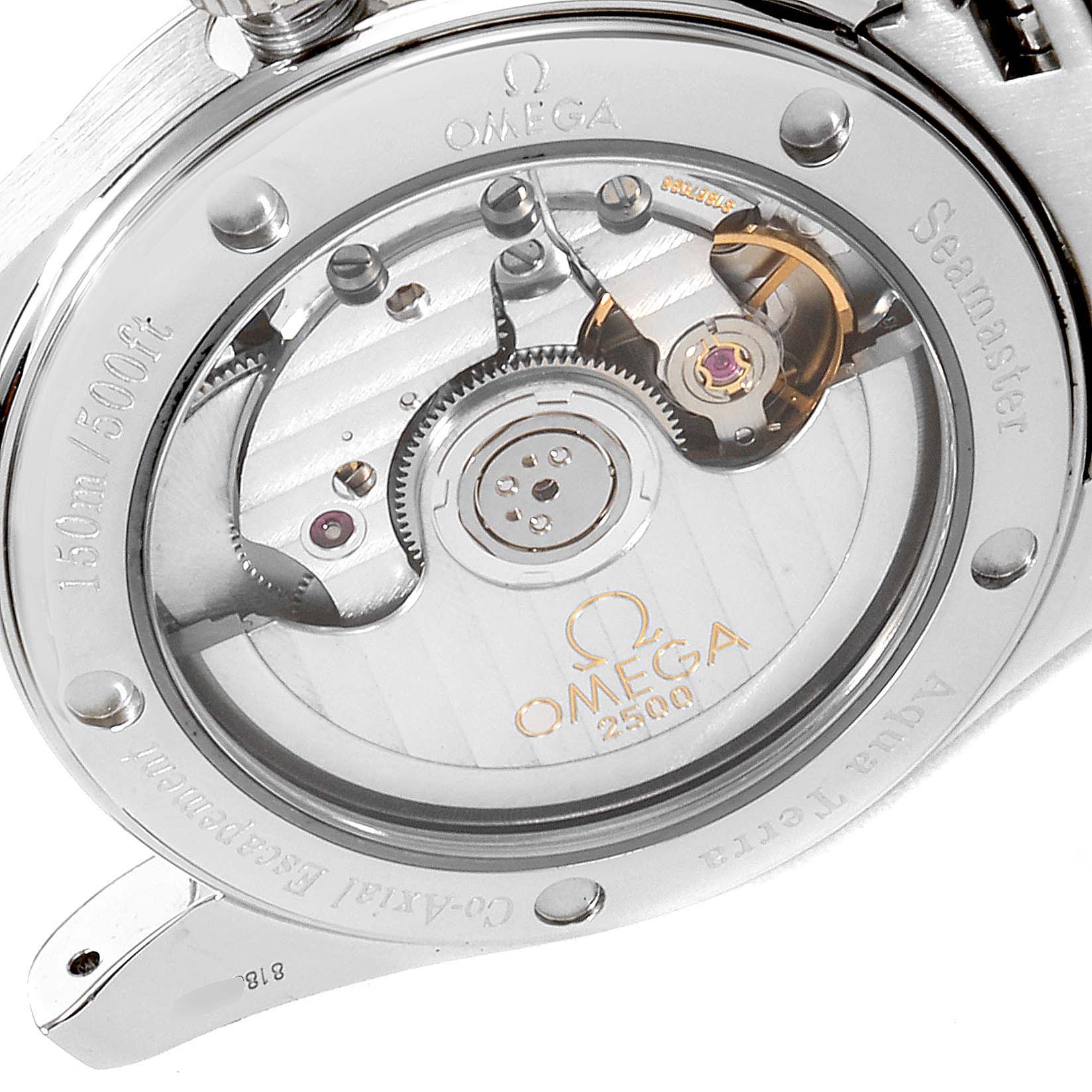 The image shows the back of the Omega Aqua Terra 2504.30.00 Men
s Stainless Steel Silver Dial 2504.30.00 Men
s Stainless Steel Silver Dial watch, featuring the inner mechanical movement and transparent case back.