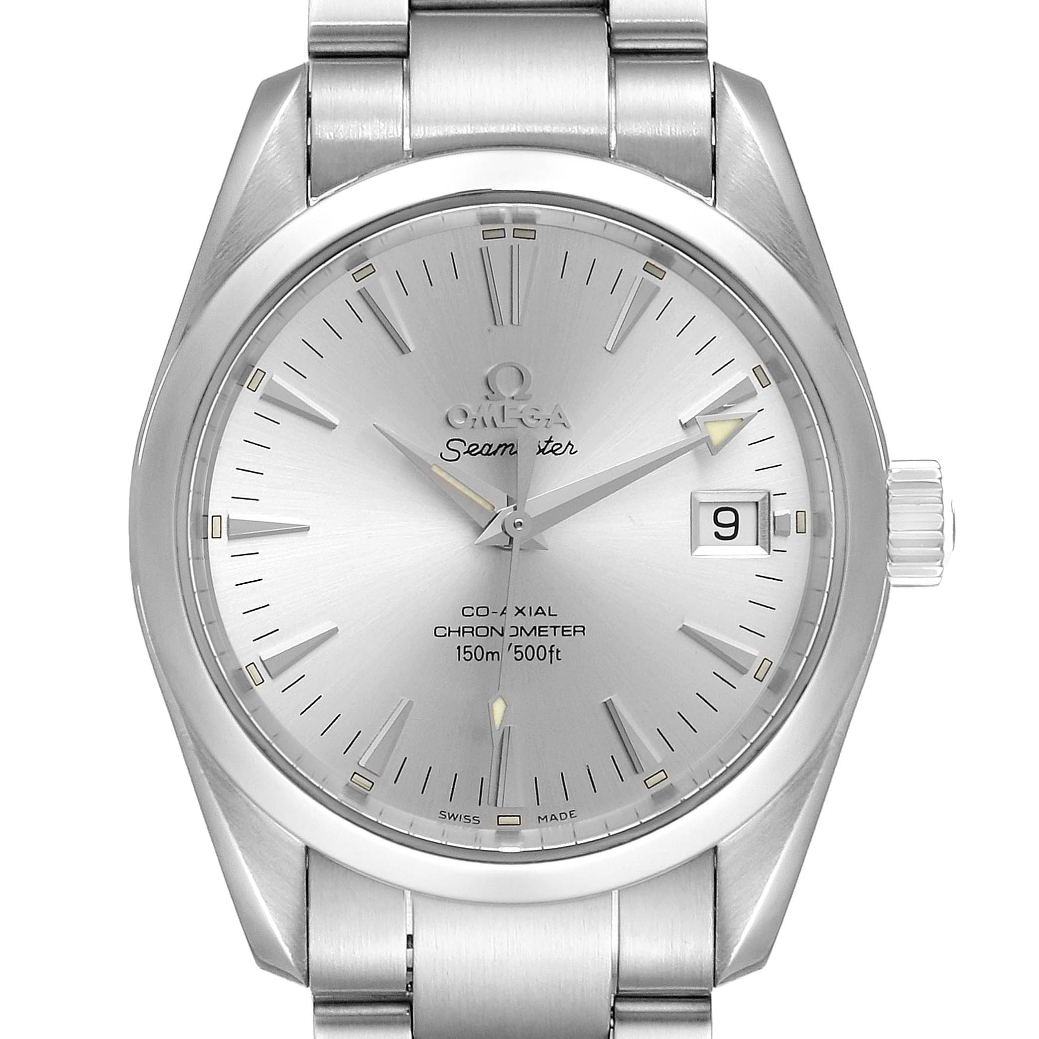The image shows a front view of the Omega Aqua Terra 2504.30.00 Men
s Stainless Steel Silver Dial 2504.30.00 Men
s Stainless Steel Silver Dial Seamaster watch, highlighting the dial, hands, bezel, date window, and part of the bracelet.