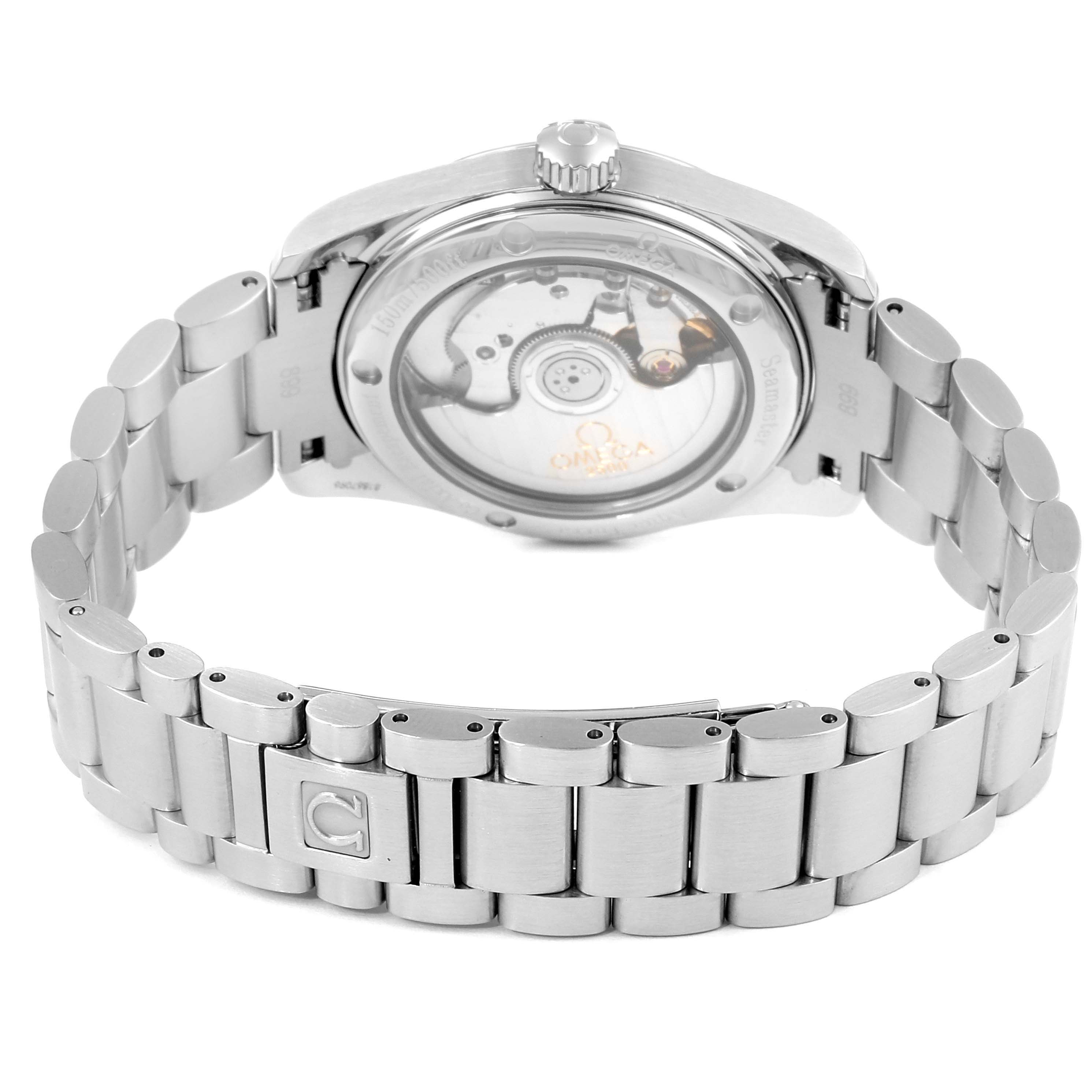 The image shows the back view of the Omega Aqua Terra 2504.30.00 Men
s Stainless Steel Silver Dial 2504.30.00 Men
s Stainless Steel Silver Dial watch, highlighting its stainless steel bracelet and visible movement through the transparent case back.