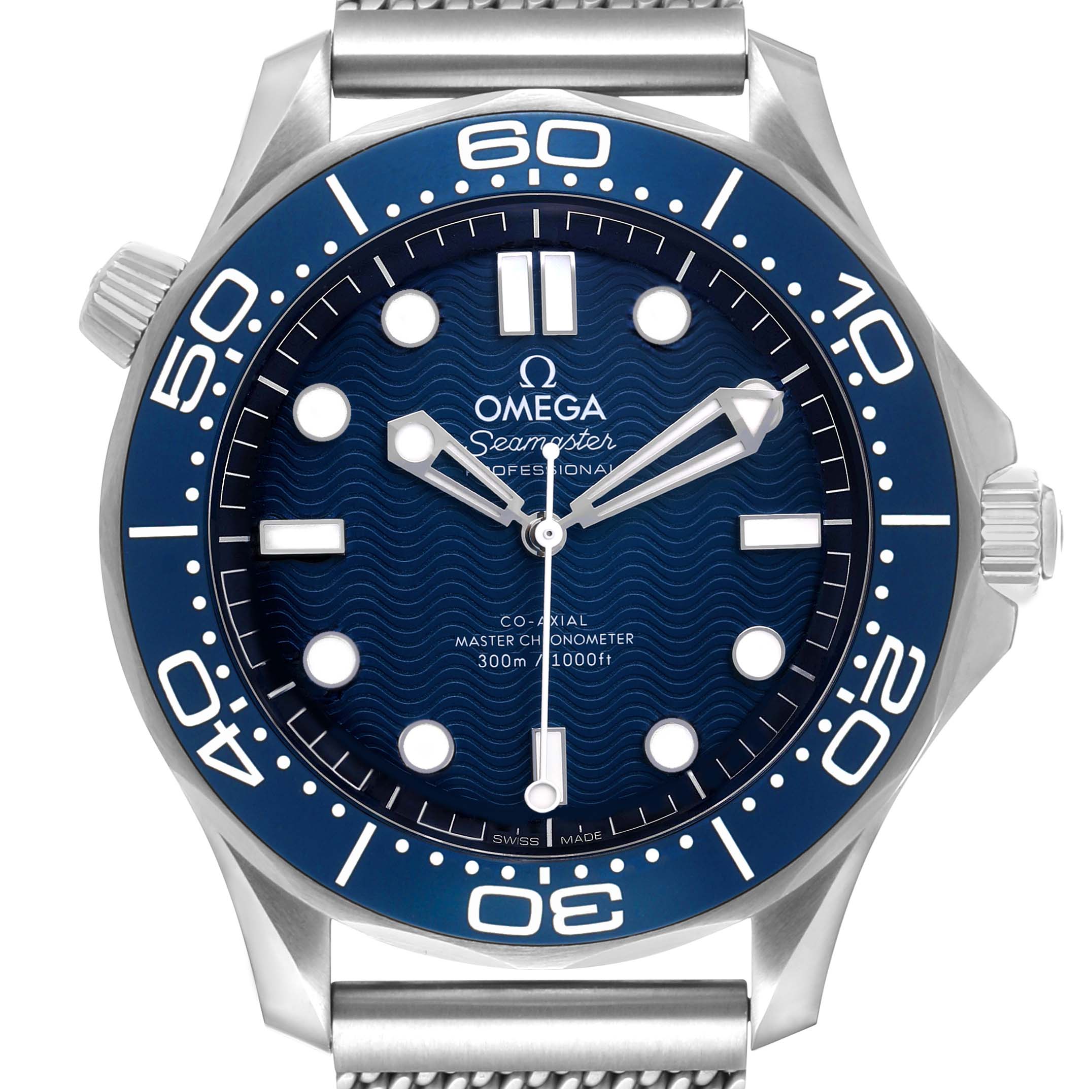 The Omega Seamaster 210.30.42.20.03.002 Men's Stainless Steel Blue Dial watch is shown from a front angle, highlighting the dial, hands, bezel, and part of the strap.