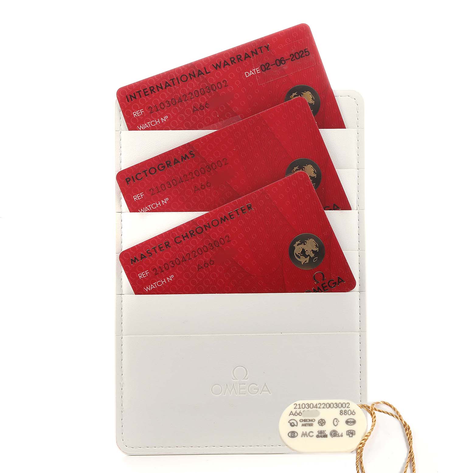 The image shows Omega Seamaster 210.30.42.20.03.002 Men's Stainless Steel Blue Dial model cards, including warranty and chronometer cards, neatly placed in a white holder.