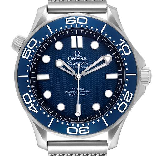 The Omega Seamaster 210.30.42.20.03.002 Men's Stainless Steel Blue Dial watch is shown from a frontal angle, highlighting the bezel, dial, hands, and part of the bracelet.