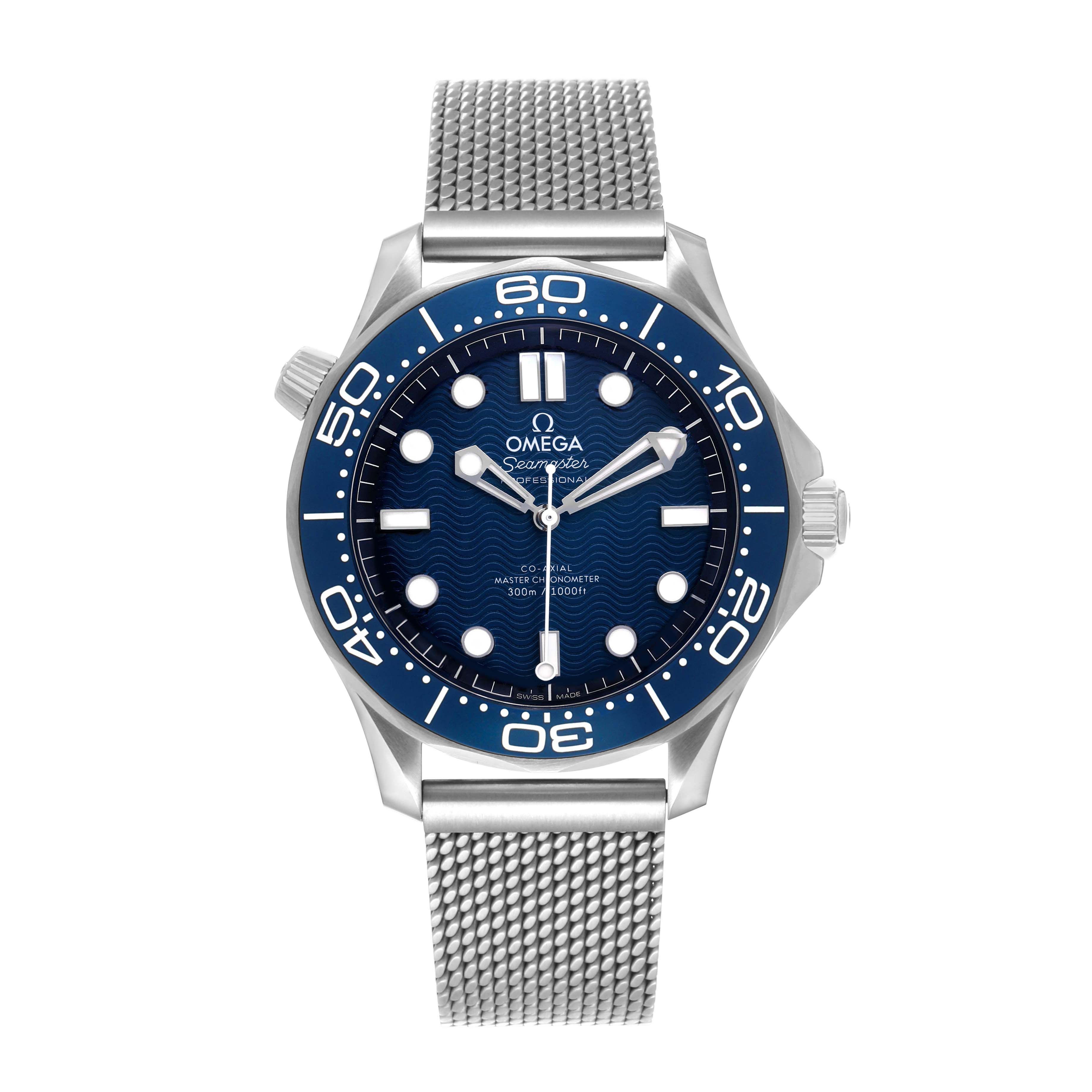 The Omega Seamaster 210.30.42.20.03.002 Men's Stainless Steel Blue Dial watch is shown from the front, featuring a blue bezel, dial, and mesh bracelet.