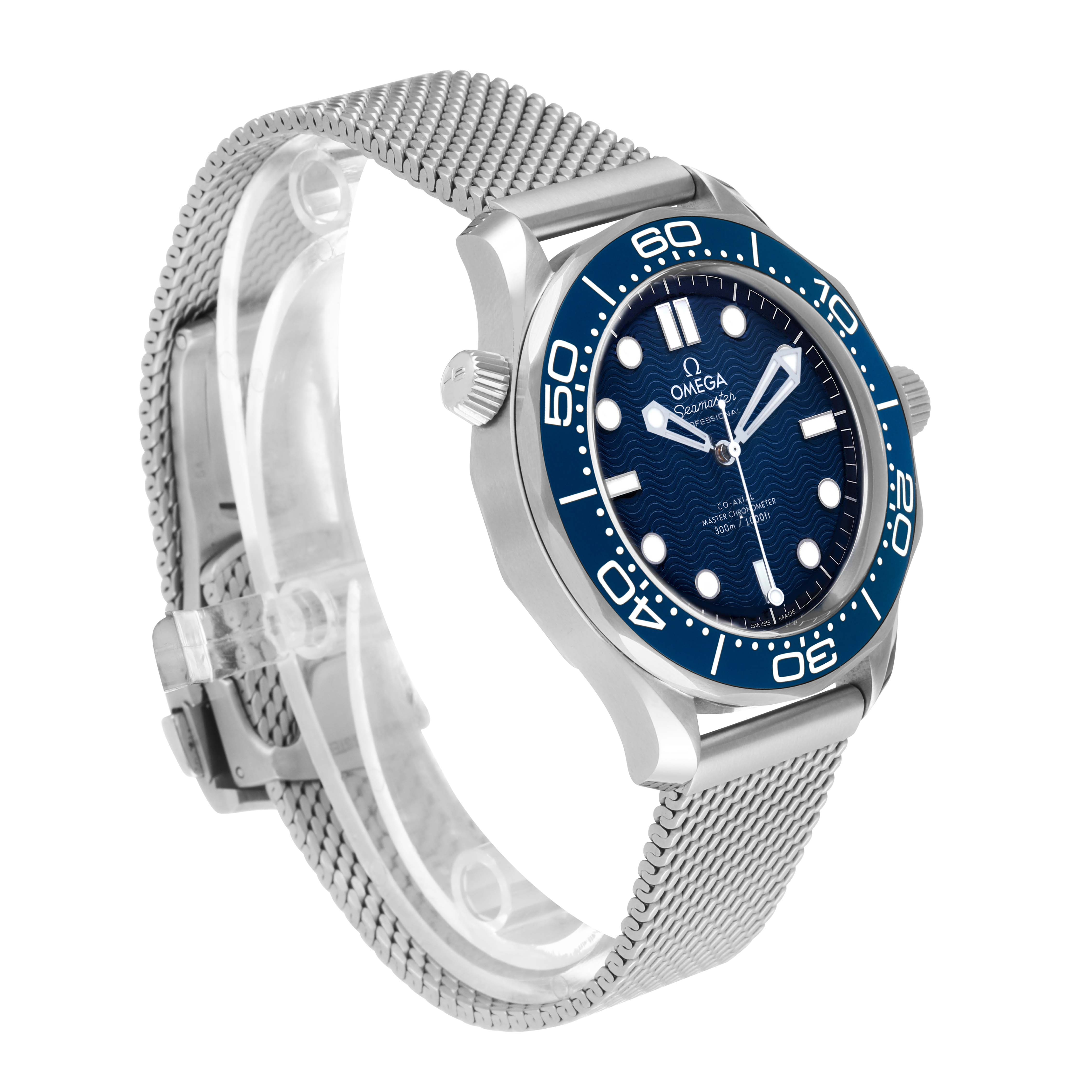 The Omega Seamaster 210.30.42.20.03.002 Men's Stainless Steel Blue Dial watch is shown from a three-quarter angle, highlighting the face, bezel, crown, and mesh strap.