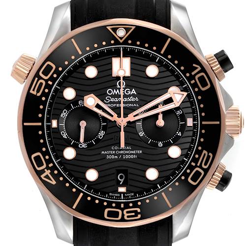 This image shows a front view of the Omega Seamaster 210.22.44.51.01.001 Men's Steel and Gold (two tone) Black Dial watch, highlighting the dial, bezel, and pushers.