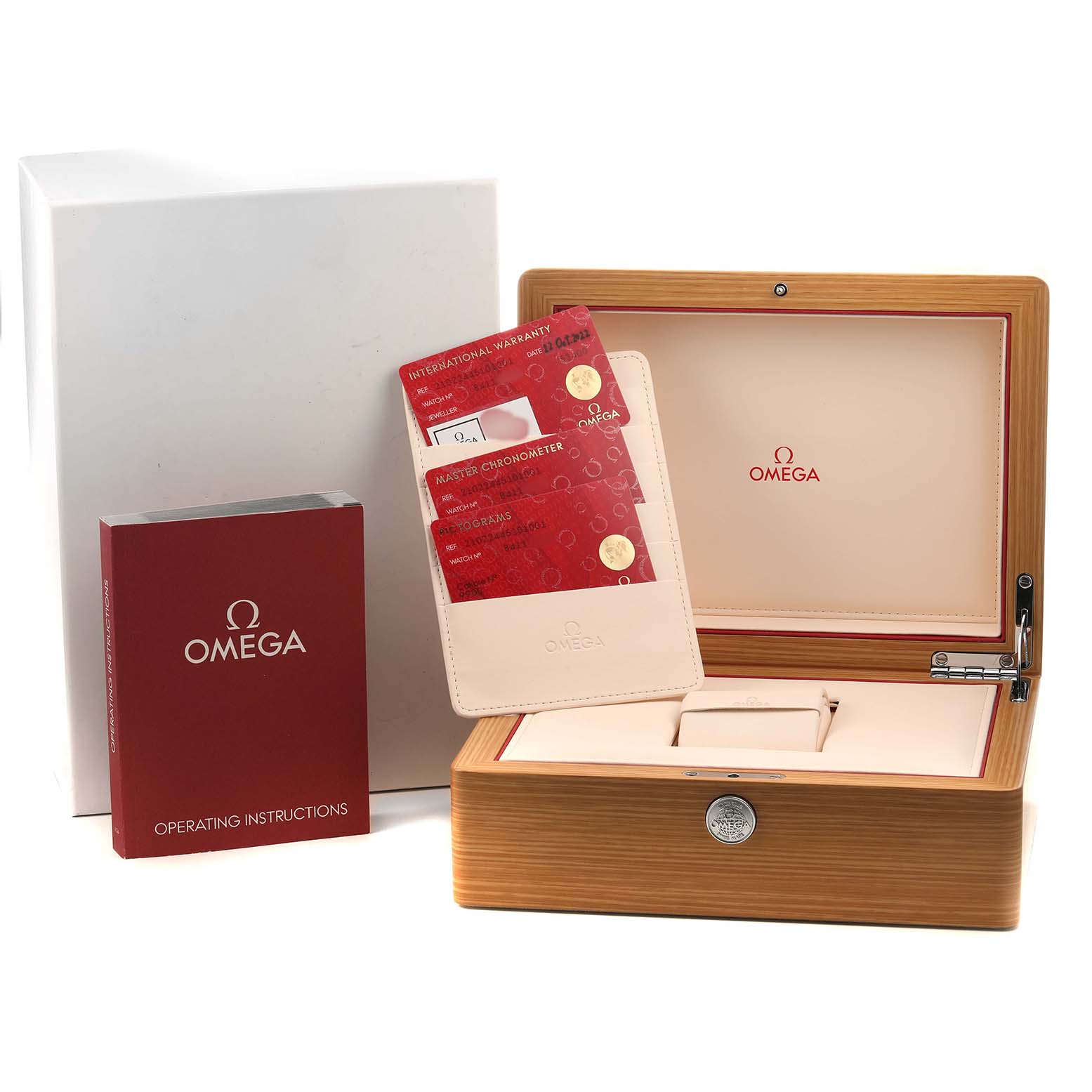 The image shows an Omega Seamaster 210.22.44.51.01.001 Men's Steel and Gold (two tone) Black Dial watch box, warranty cards, and an operating instruction booklet.