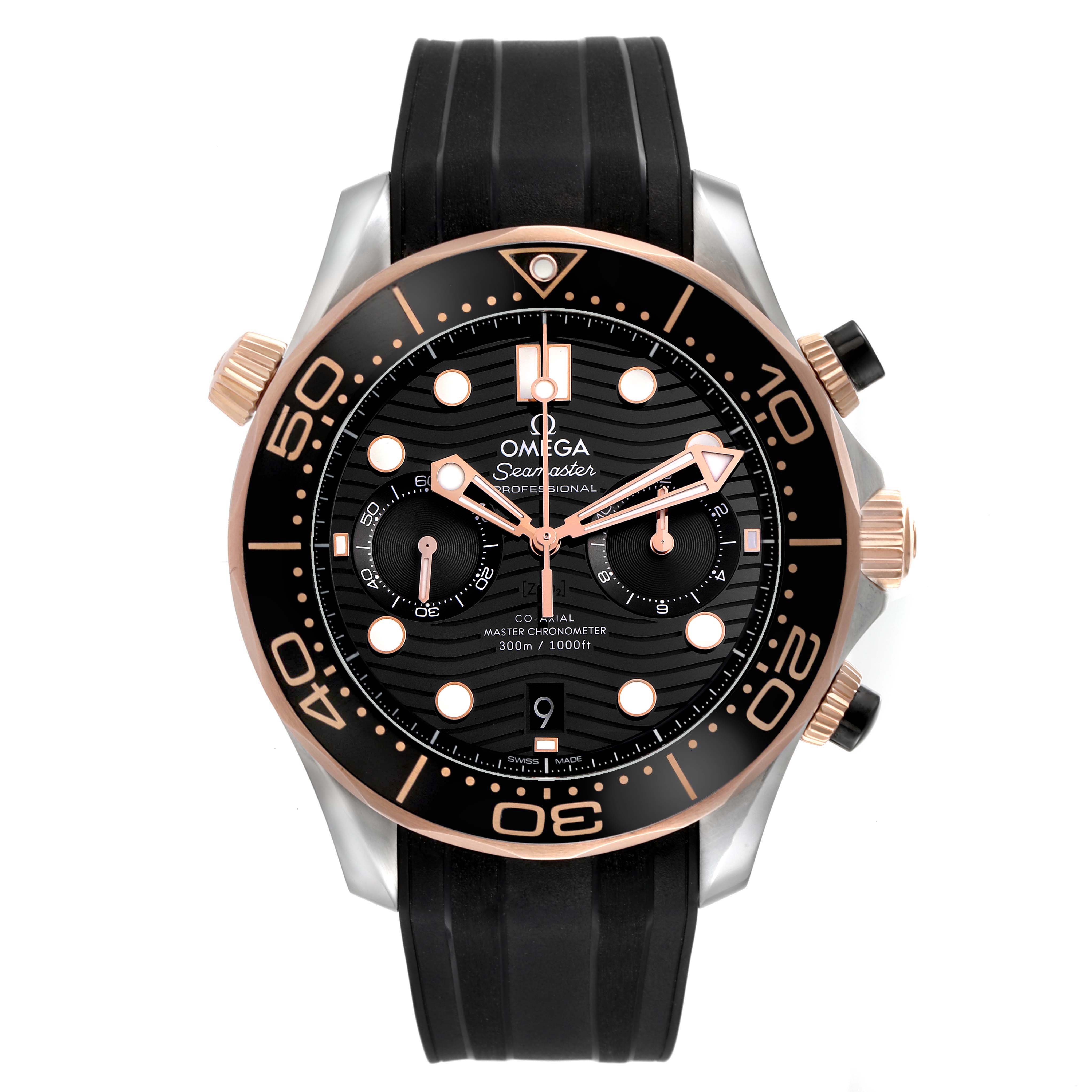 The image shows a front view of an Omega Seamaster 210.22.44.51.01.001 Men's Steel and Gold (two tone) Black Dial watch featuring a black ceramic bezel, wave-patterned black dial, and rubber strap.