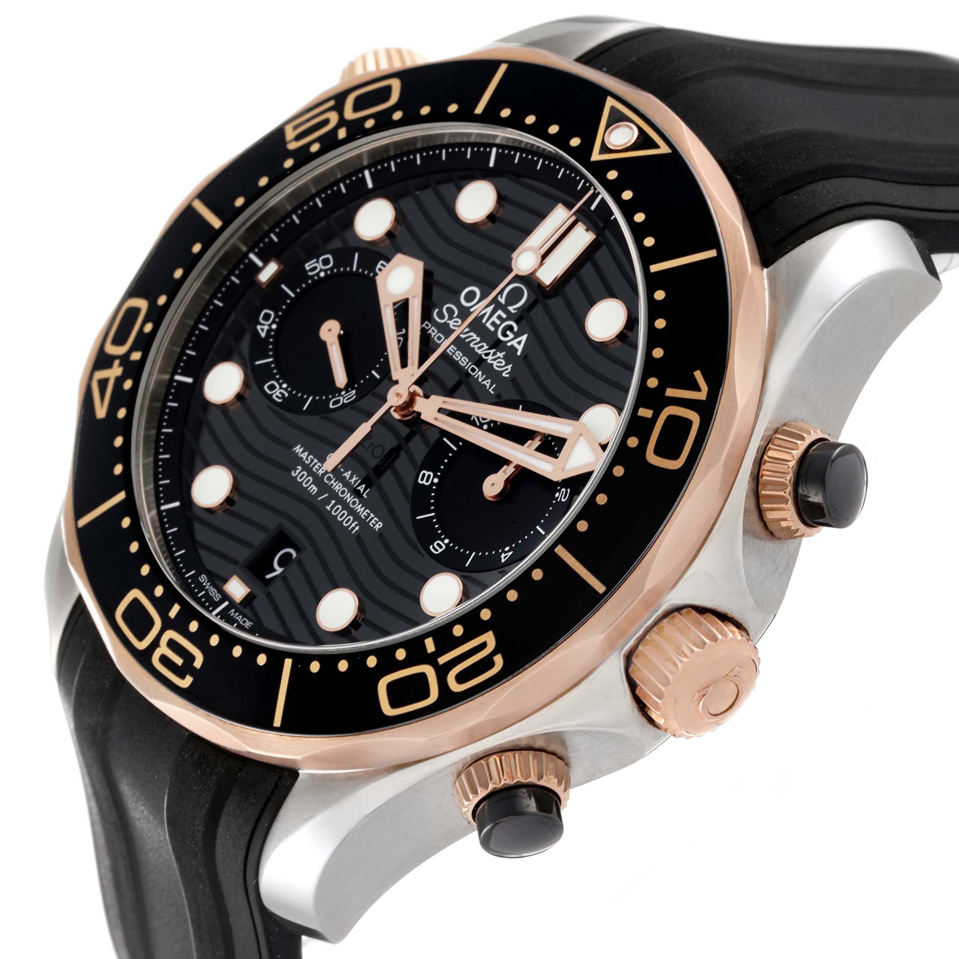 The Omega Seamaster 210.22.44.51.01.001 Men's Steel and Gold (two tone) Black Dial is shown at an angled close-up, displaying the face, bezel, crown, and part of the strap.