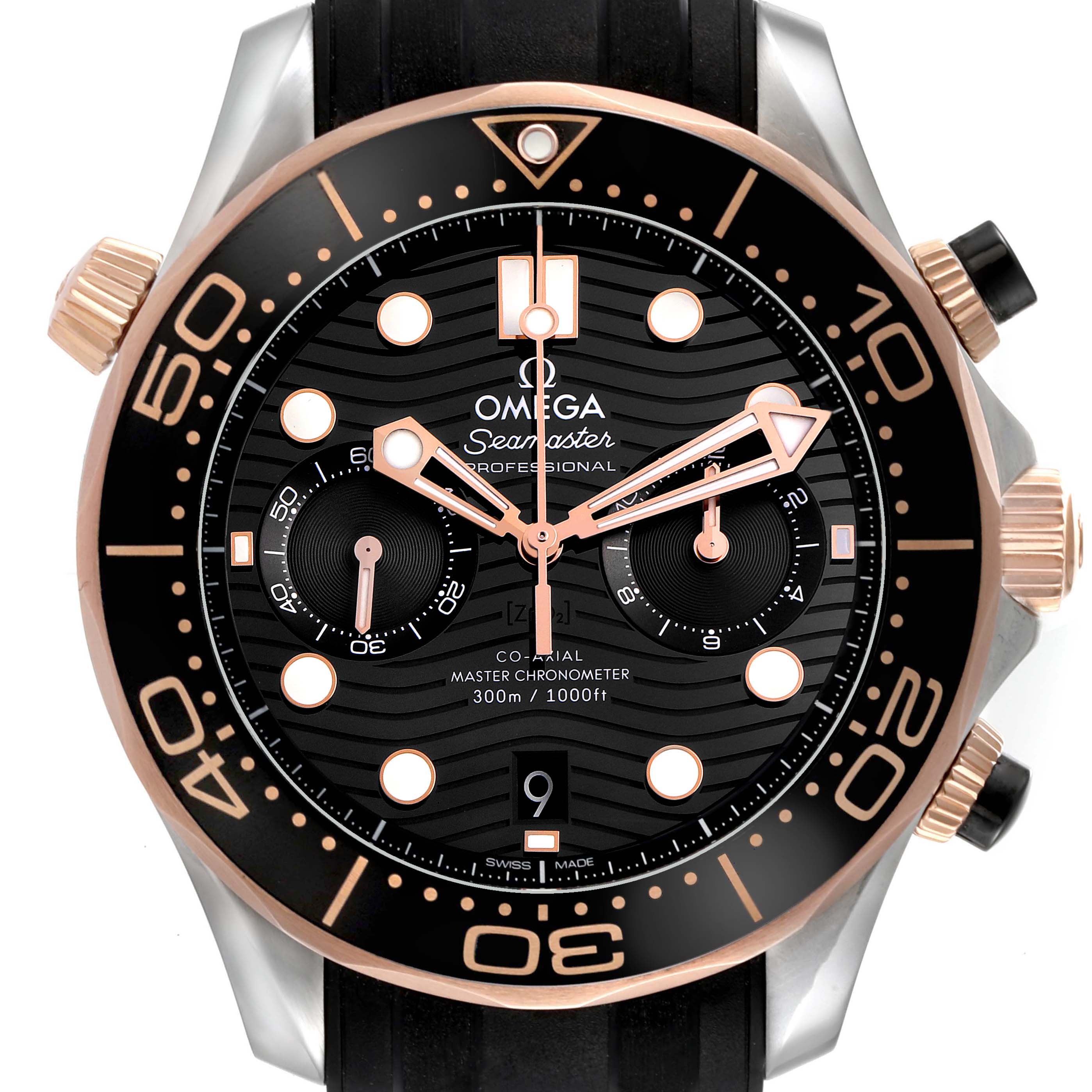 The Omega Seamaster 210.22.44.51.01.001 Men's Steel and Gold (two tone) Black Dial watch face is shown from a front angle, highlighting the bezel, chronograph subdials, and crown.