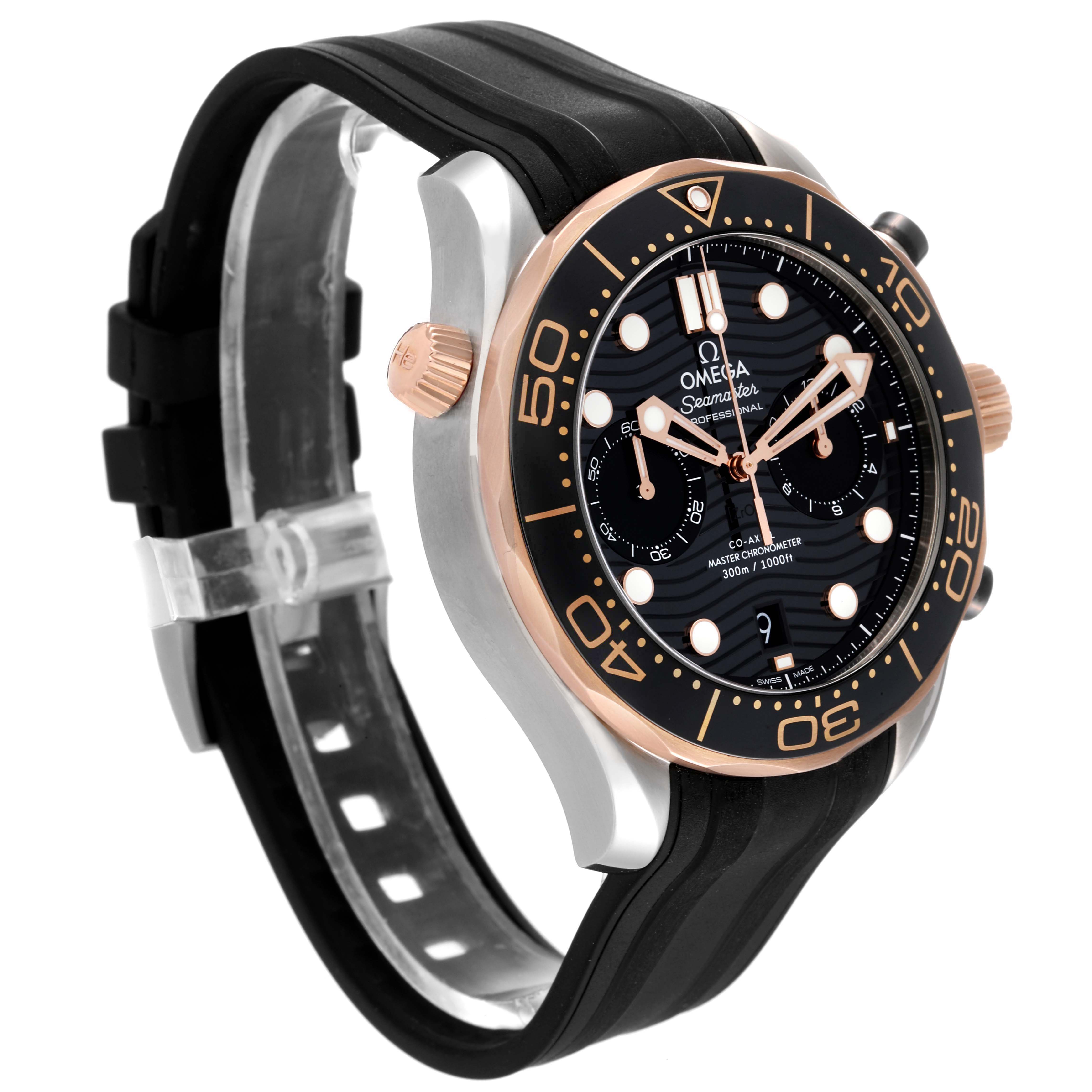 The Omega Seamaster 210.22.44.51.01.001 Men's Steel and Gold (two tone) Black Dial watch is shown at a three-quarter angle, displaying its black dial, rose gold bezel, and rubber strap.