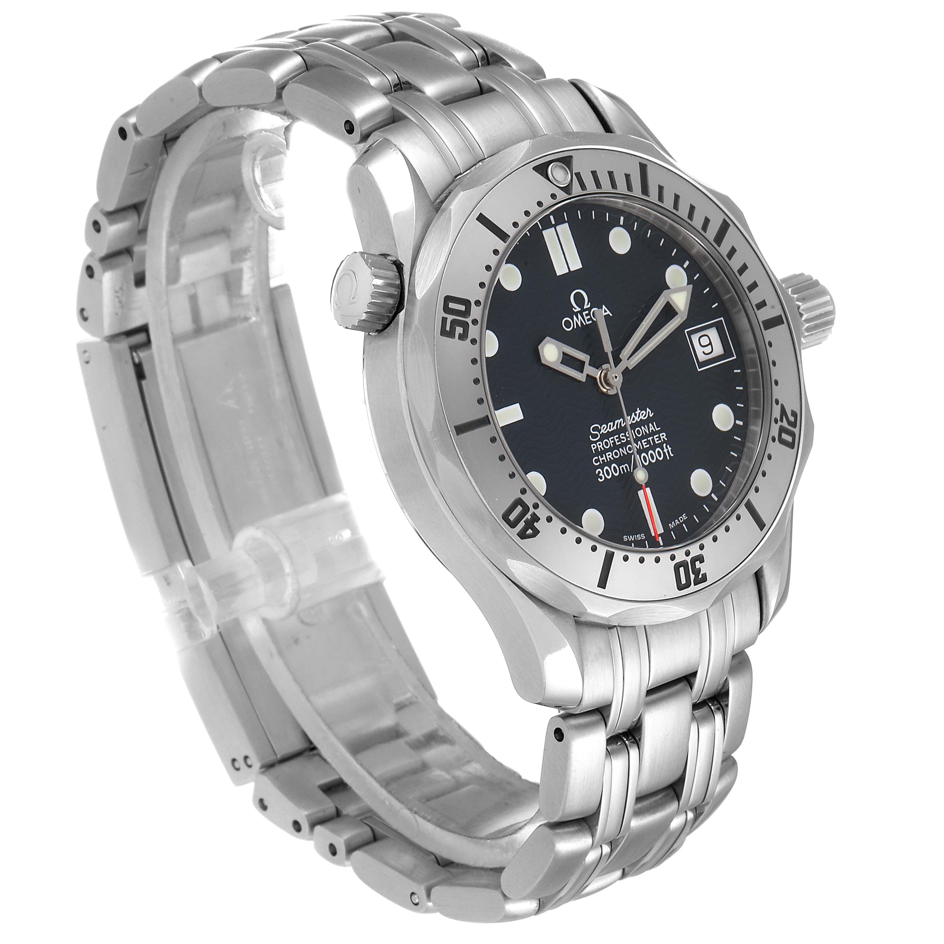 The image displays an Omega Seamaster 2552.80.00 Men
s Stainless Steel Blue Dial 2552.80.00 Men
s Stainless Steel Blue Dial watch at a three-quarter angle, showcasing its face, bezel, crown, and metal bracelet.