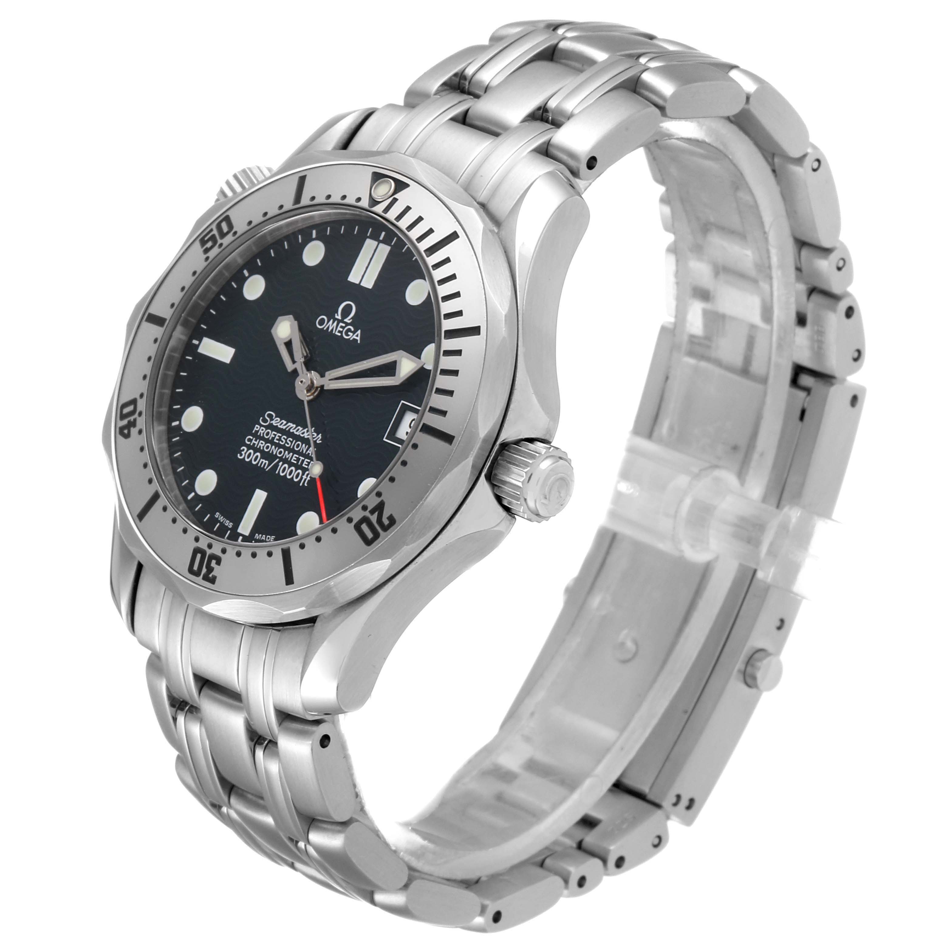 The Omega Seamaster 2552.80.00 Men
s Stainless Steel Blue Dial 2552.80.00 Men
s Stainless Steel Blue Dial watch is shown at an angle displaying the face, bezel, crown, and metal bracelet.