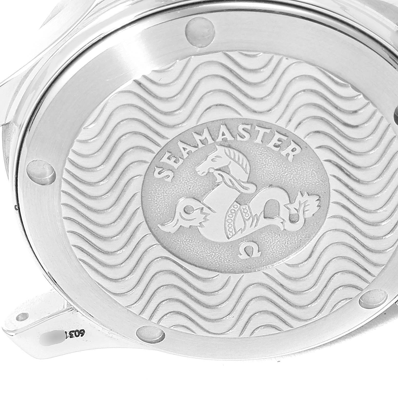 This image shows the case back of the Omega Seamaster 2552.80.00 Men
s Stainless Steel Blue Dial 2552.80.00 Men
s Stainless Steel Blue Dial watch at an angled close-up view.