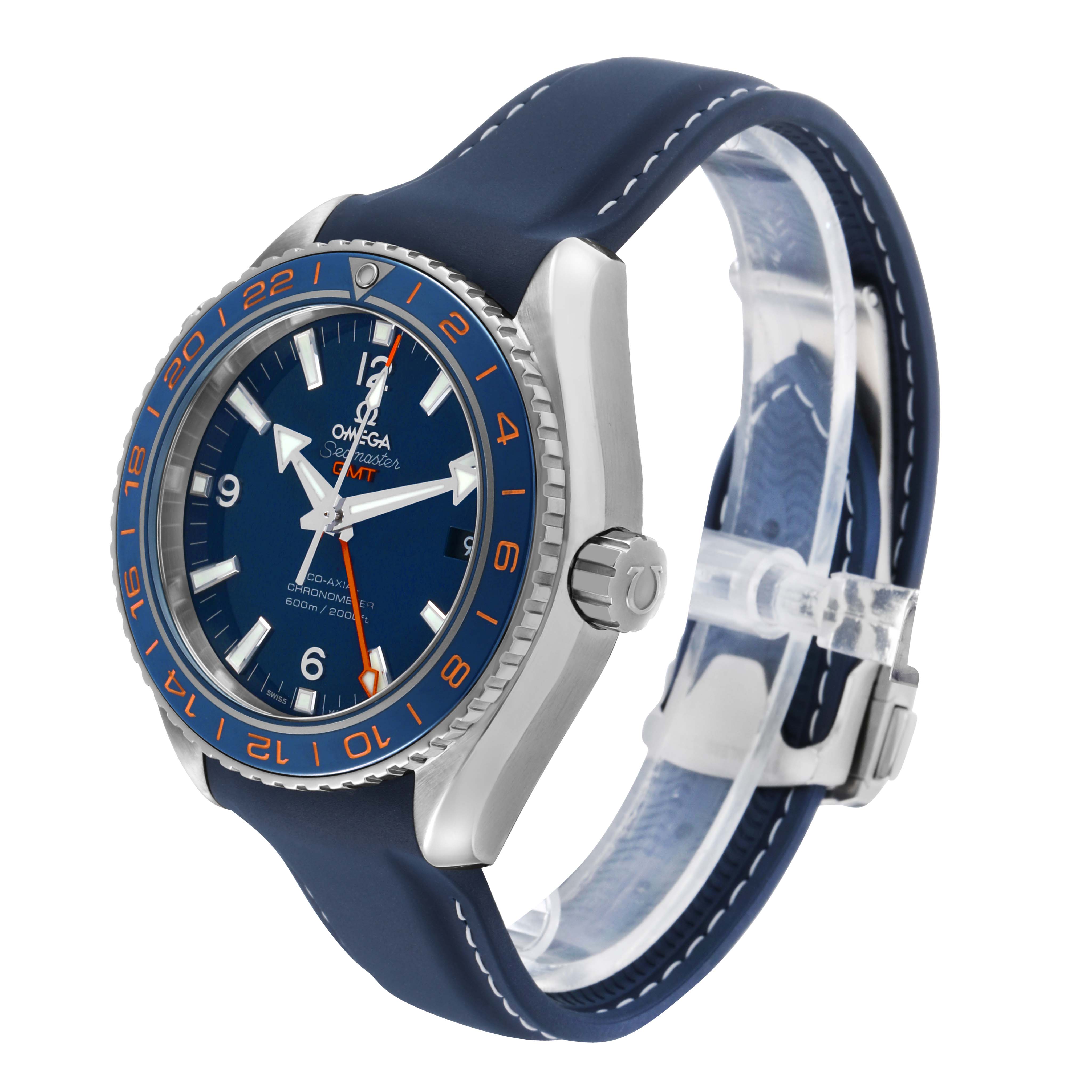 The Omega Seamaster 232.32.44.22.03.001 Men's Stainless Steel Blue Dial watch is shown at an angled side view highlighting the blue dial, bezel, crown, and blue strap.