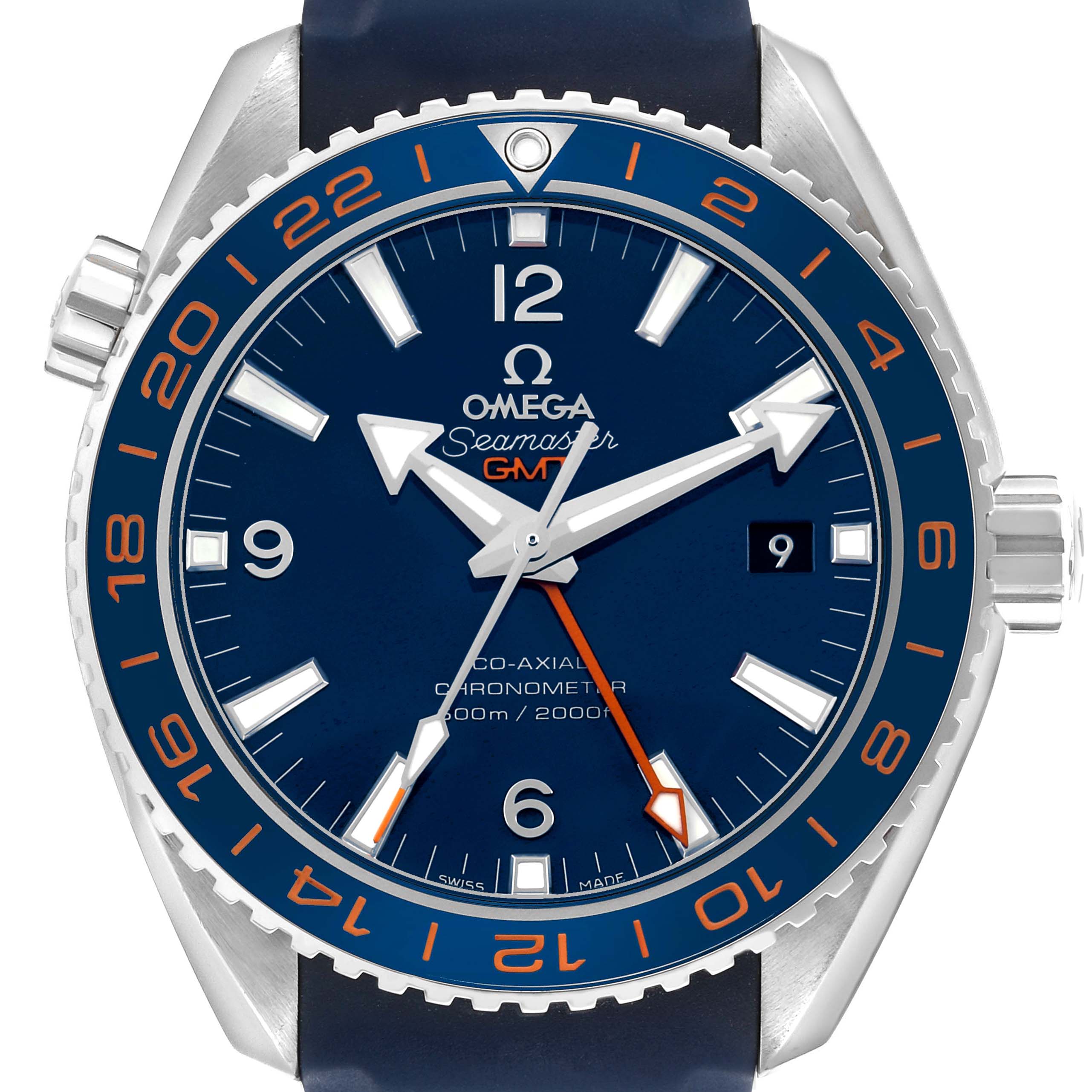 The Omega Seamaster 232.32.44.22.03.001 Men's Stainless Steel Blue Dial is shown from the front, displaying its bezel, dial, hands, date window, and crown.