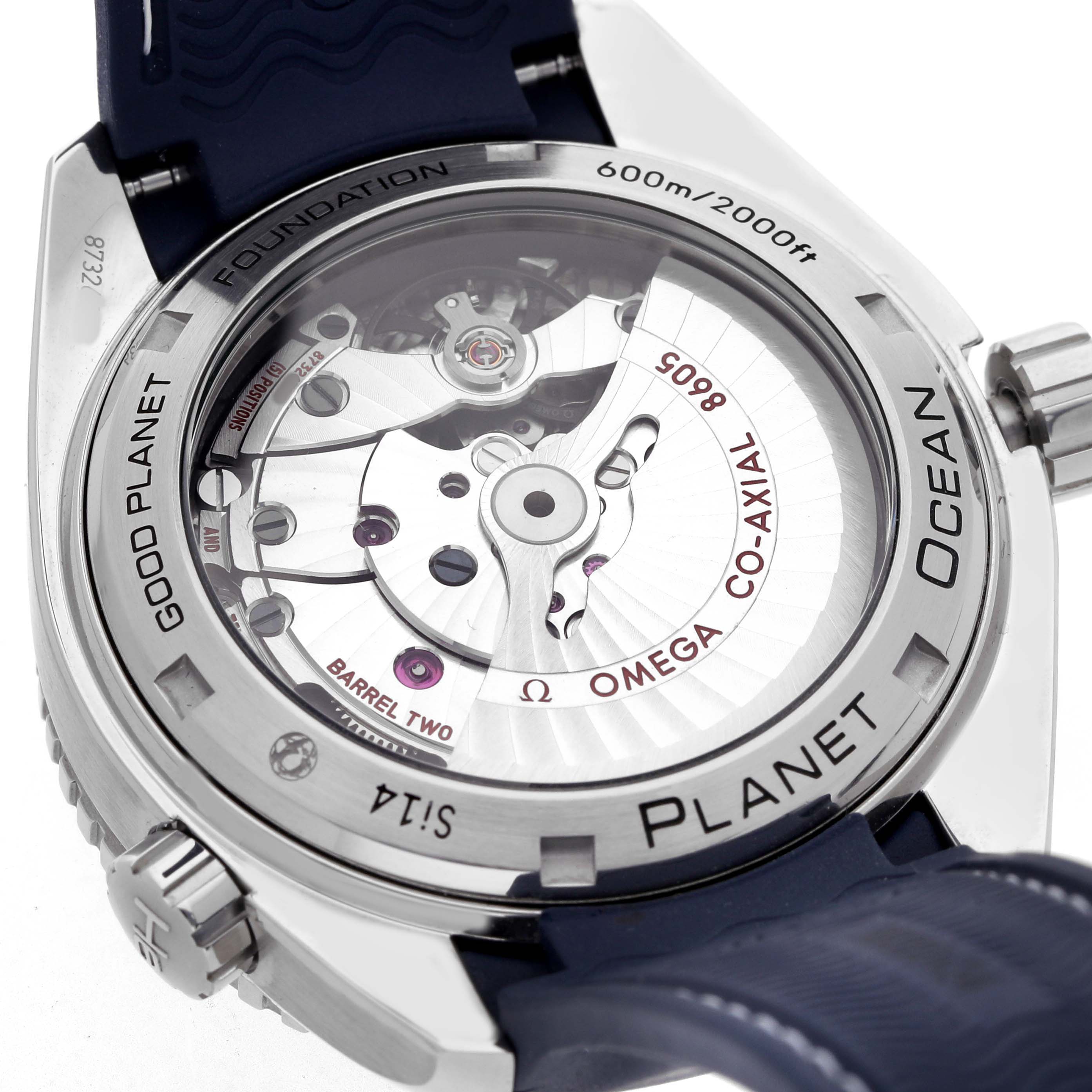 The Omega Seamaster 232.32.44.22.03.001 Men's Stainless Steel Blue Dial's case back is shown, highlighting the visible movement and engravings.