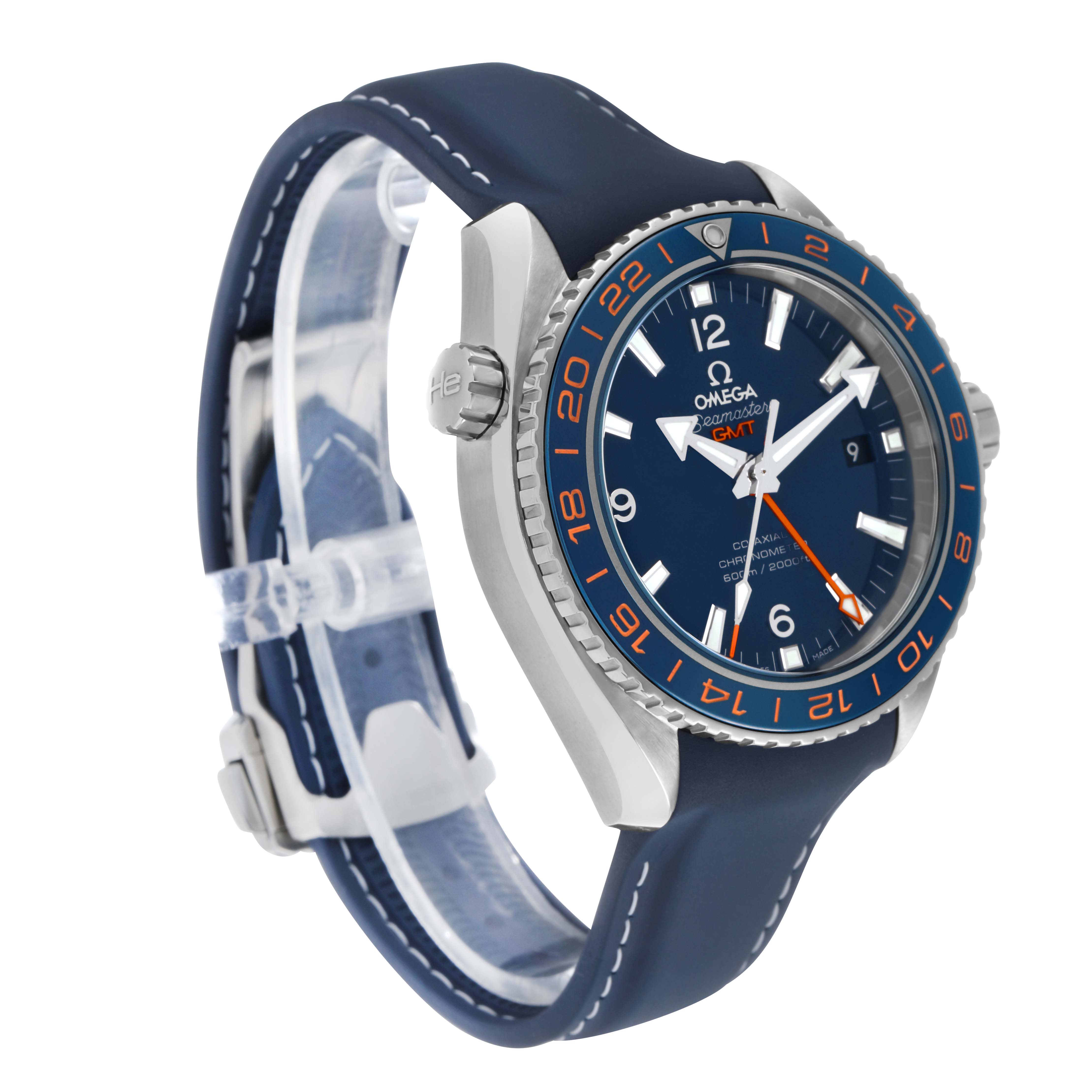 The Omega Seamaster 232.32.44.22.03.001 Men's Stainless Steel Blue Dial watch is shown at a slight side angle, highlighting the dial, bezel, case, and strap.