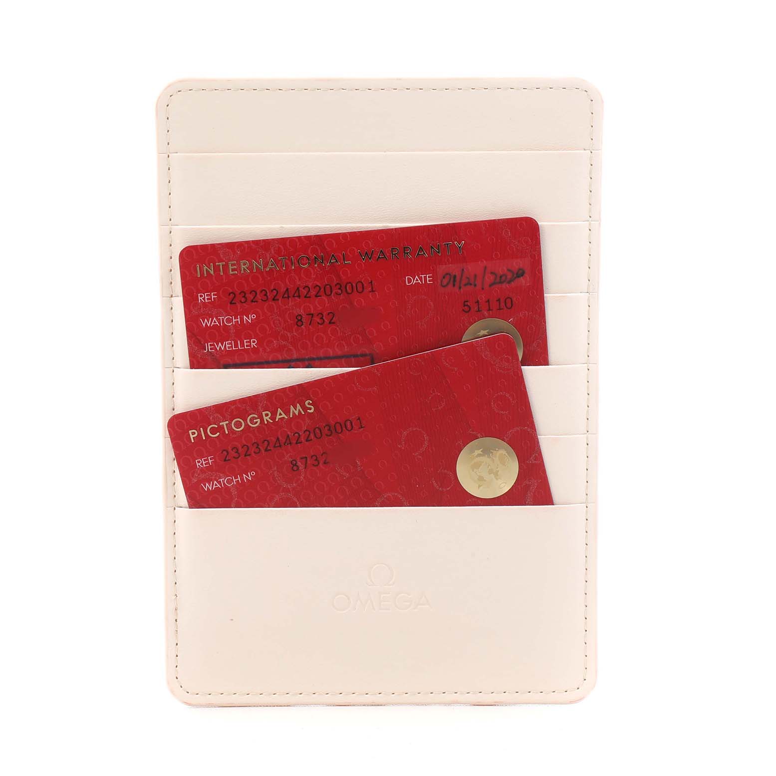 The image shows Omega Seamaster 232.32.44.22.03.001 Men's Stainless Steel Blue Dial warranty and pictogram cards in a white cardholder.