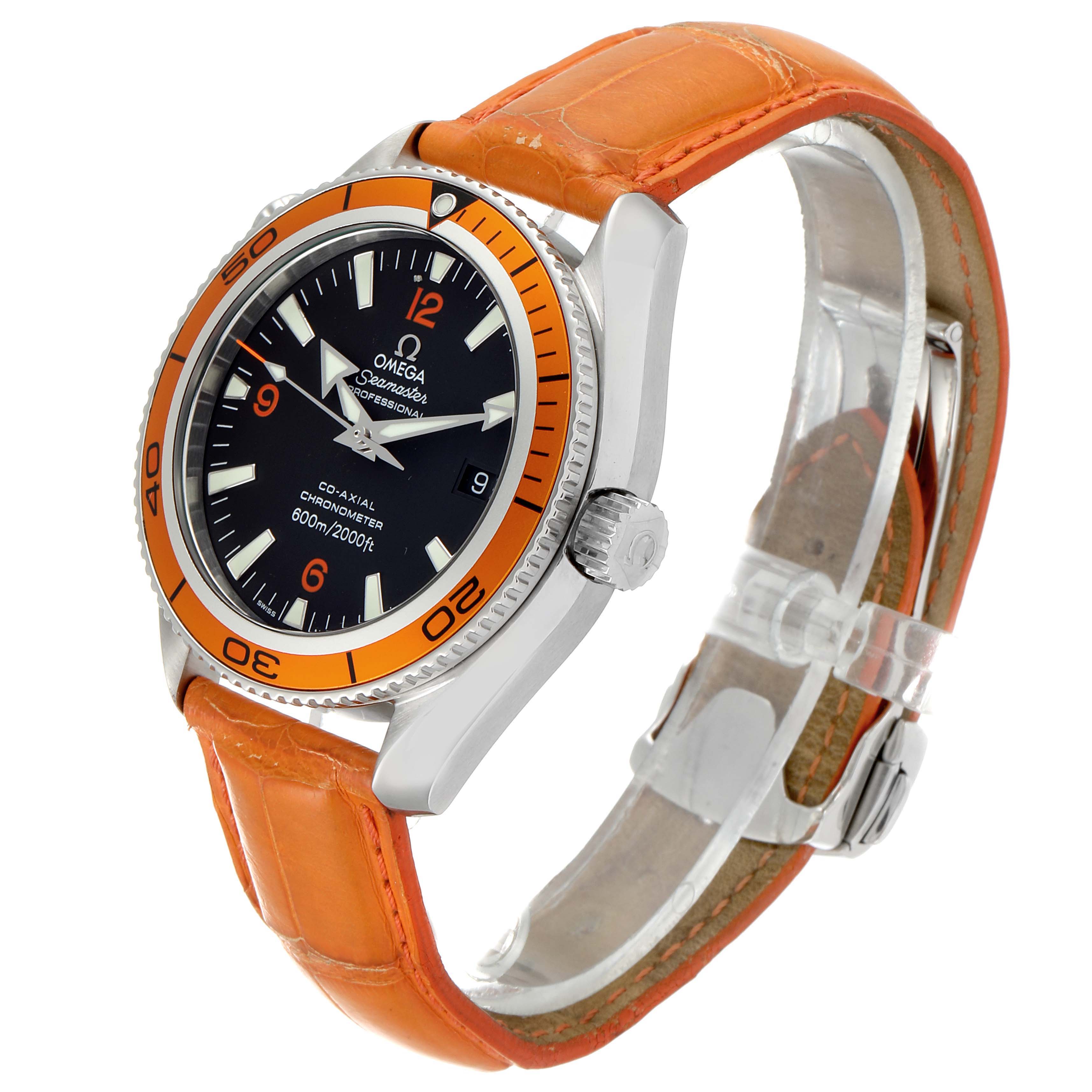 The Omega Planet Ocean 2909.50.38 Men
s Stainless Steel Black Dial 2909.50.38 Men
s Stainless Steel Black Dial watch is shown at a three-quarter side angle, highlighting its orange bezel and strap, stainless steel case, and black dial.