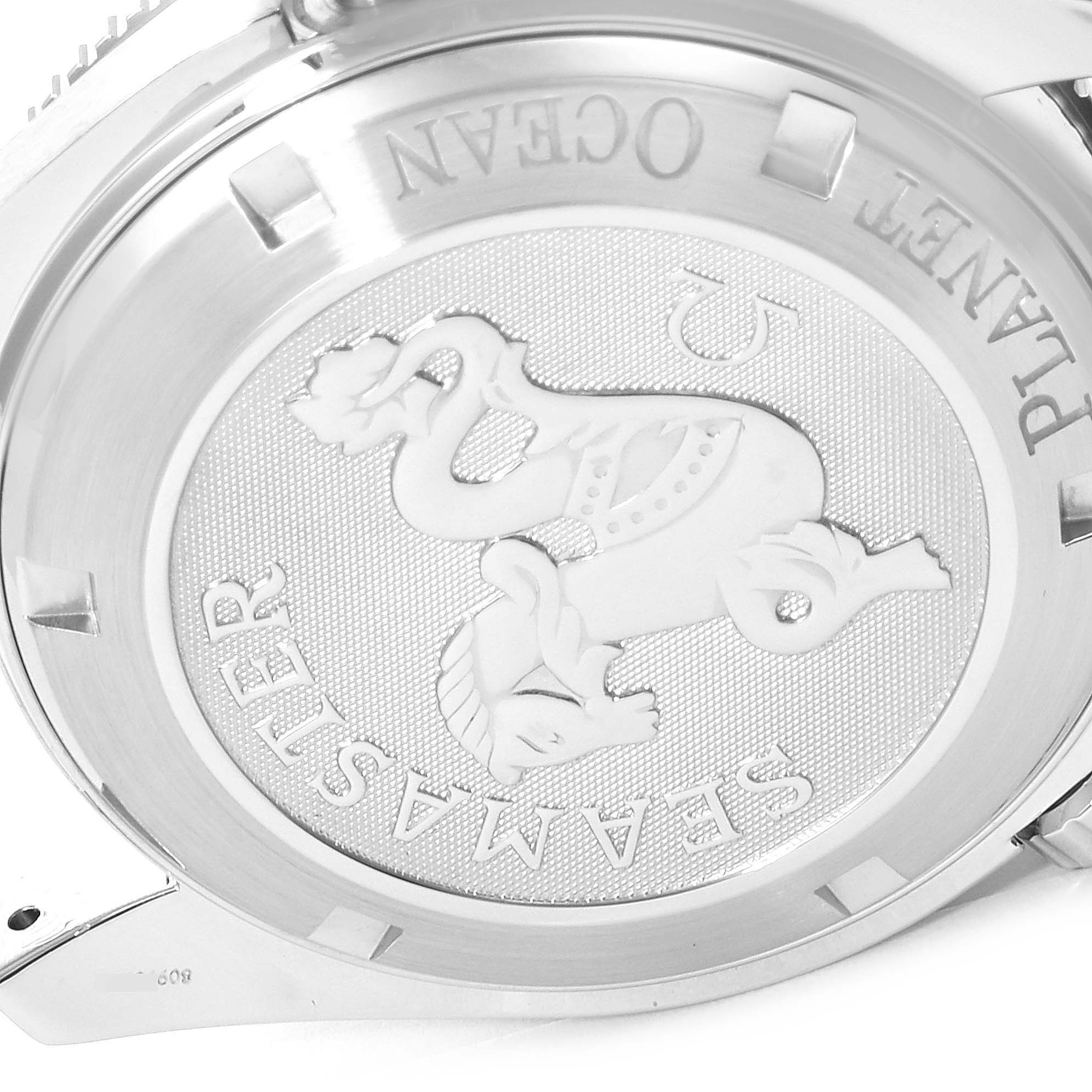 The image shows the back of the Omega Planet Ocean 2909.50.38 Men
s Stainless Steel Black Dial 2909.50.38 Men
s Stainless Steel Black Dial watch, featuring the Seamaster emblem and branding.