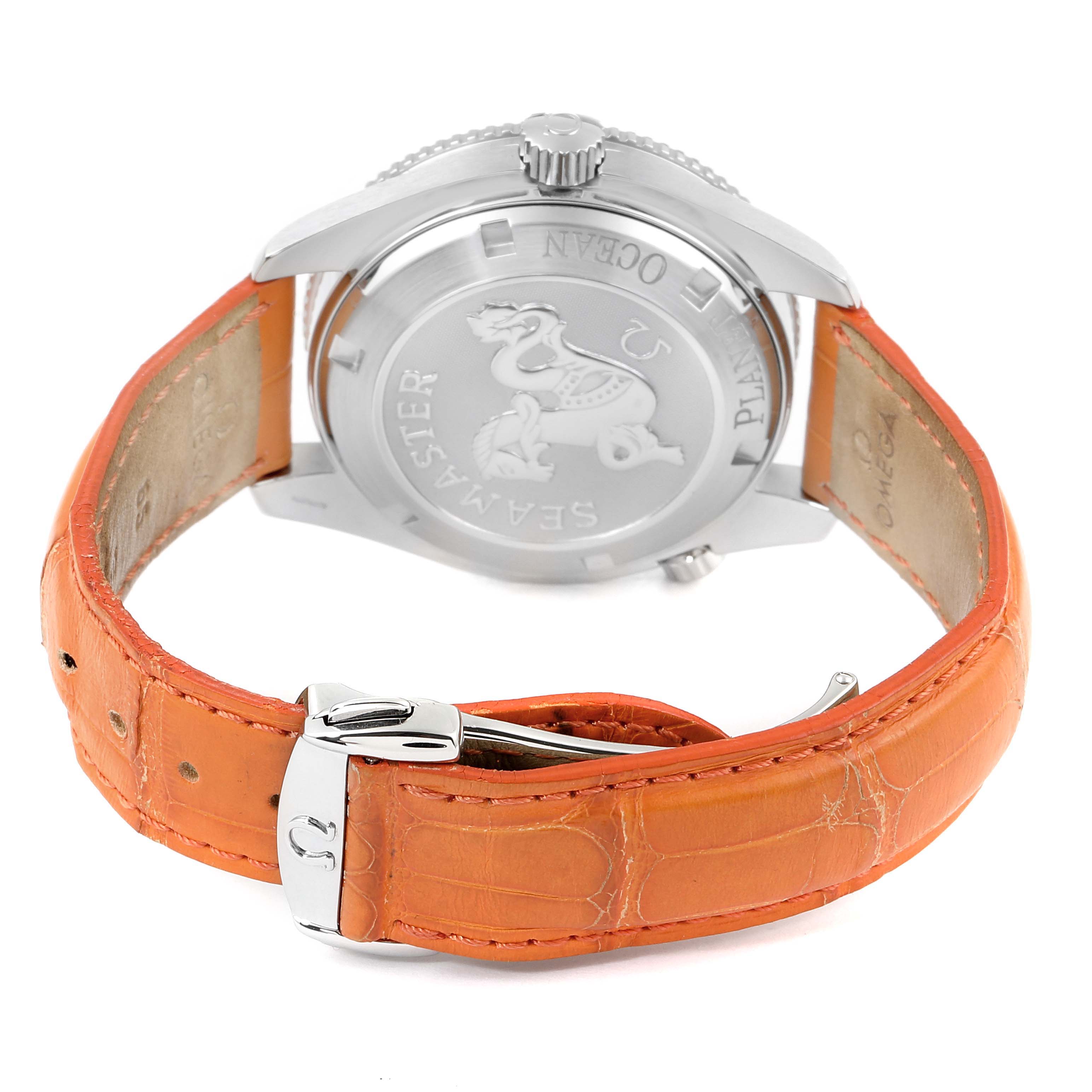 The image shows the back case and orange strap with a clasp of the Omega Planet Ocean 2909.50.38 Men
s Stainless Steel Black Dial 2909.50.38 Men
s Stainless Steel Black Dial watch.