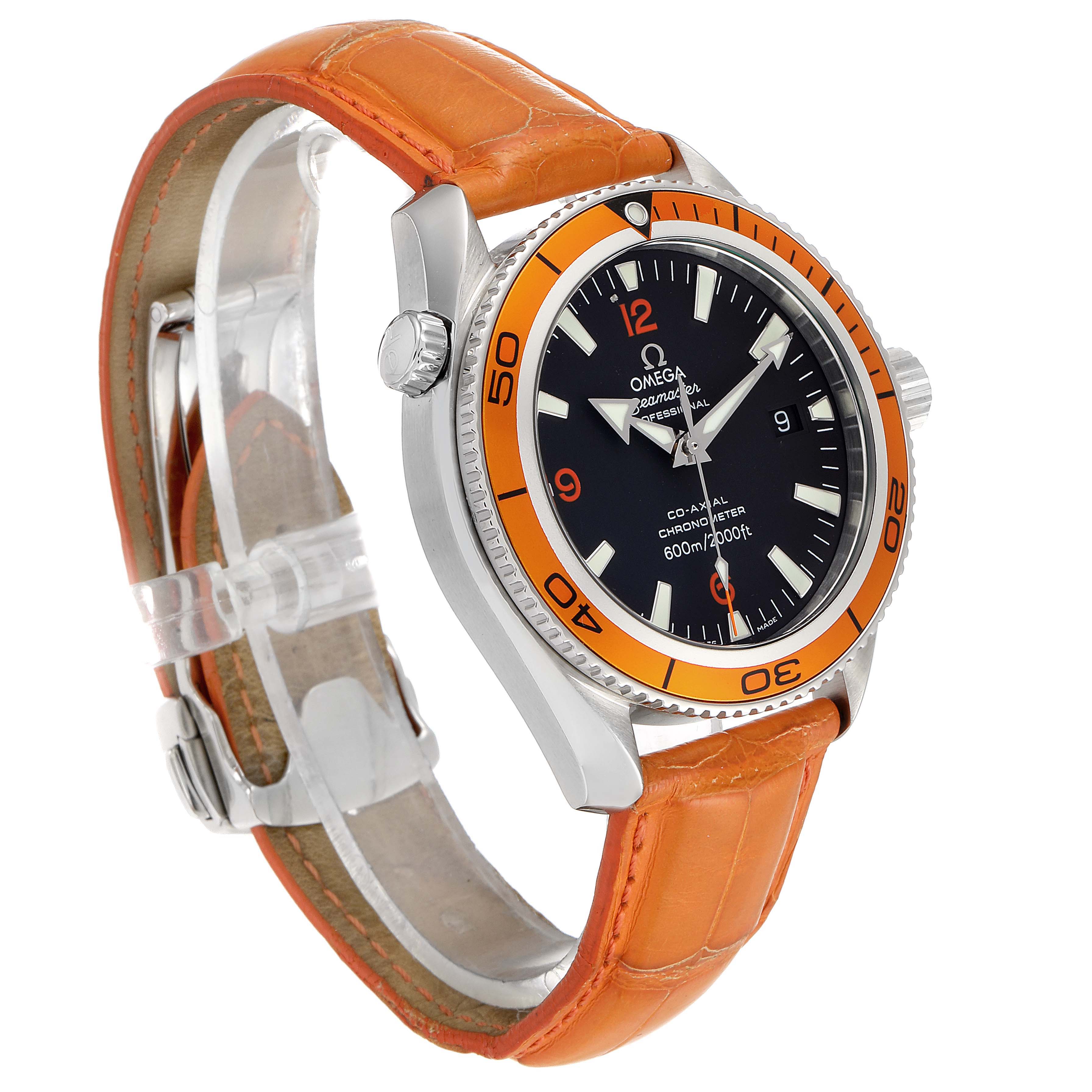 The image shows a side-angle view of an Omega Planet Ocean 2909.50.38 Men
s Stainless Steel Black Dial 2909.50.38 Men
s Stainless Steel Black Dial watch with an orange bezel and strap.