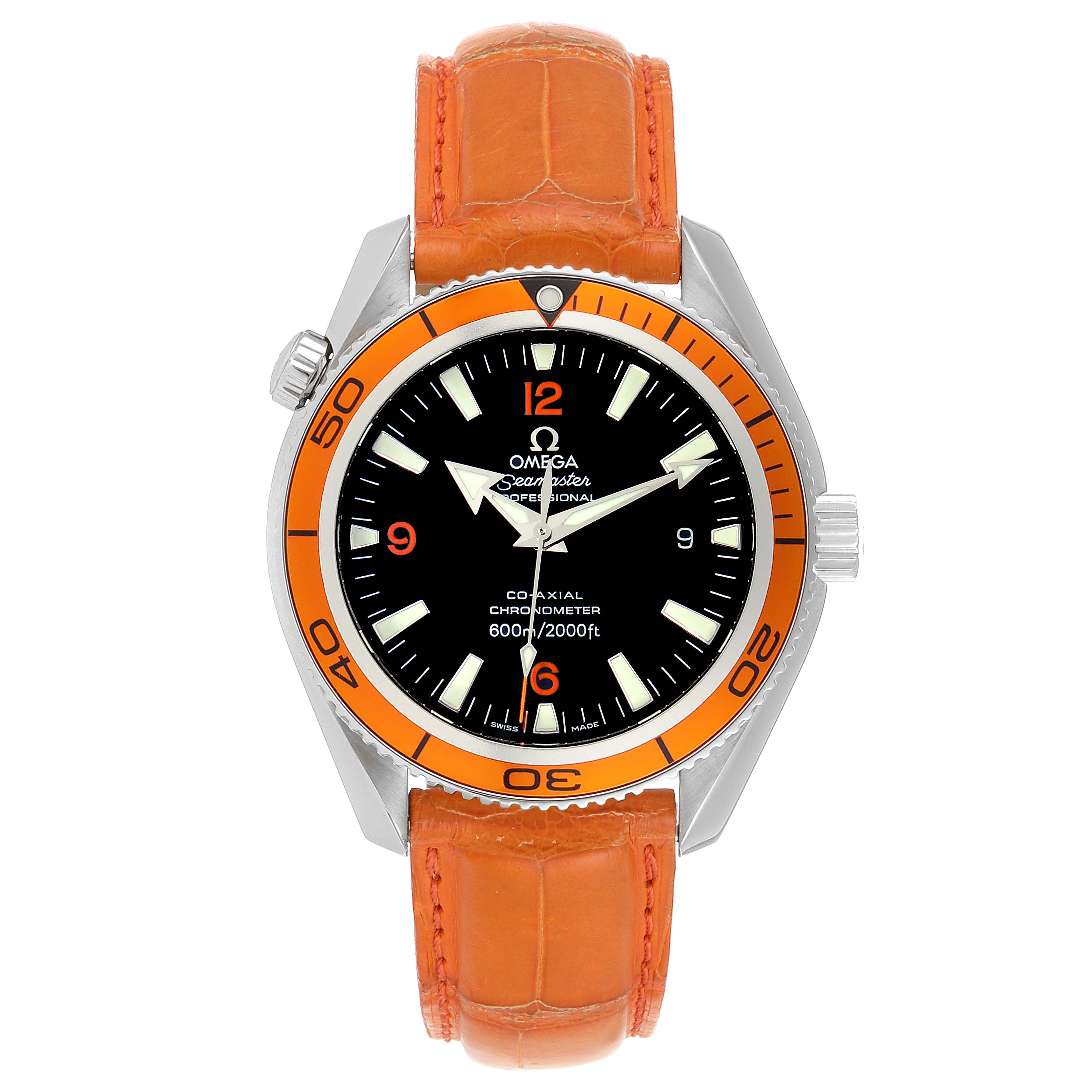 The image shows a frontal view of the Omega Planet Ocean 2909.50.38 Men
s Stainless Steel Black Dial 2909.50.38 Men
s Stainless Steel Black Dial watch, featuring an orange bezel and strap.
