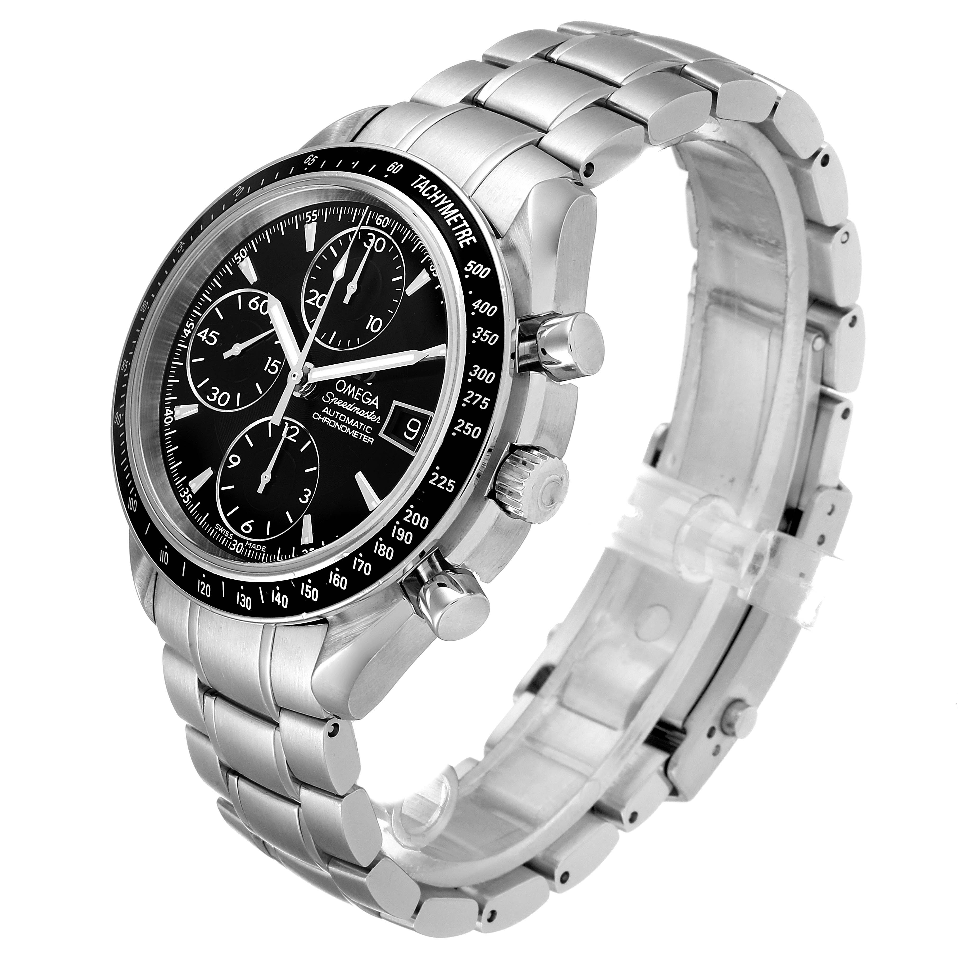 The image shows an Omega Speedmaster 3210.50.00 Men
s Stainless Steel Black Dial 3210.50.00 Men
s Stainless Steel Black Dial watch at a three-quarter angle highlighting the face, bezel, dial, and bracelet.