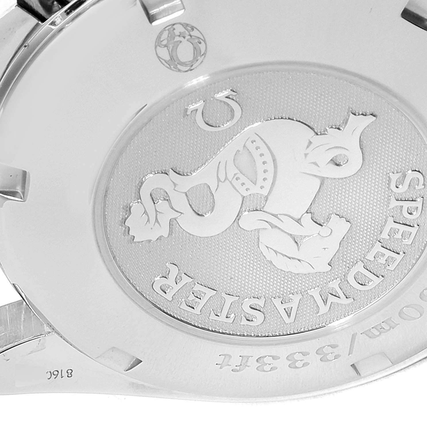 This image shows the engraved case back of an Omega Speedmaster 3210.50.00 Men
s Stainless Steel Black Dial 3210.50.00 Men
s Stainless Steel Black Dial watch, highlighting its logo and branding.