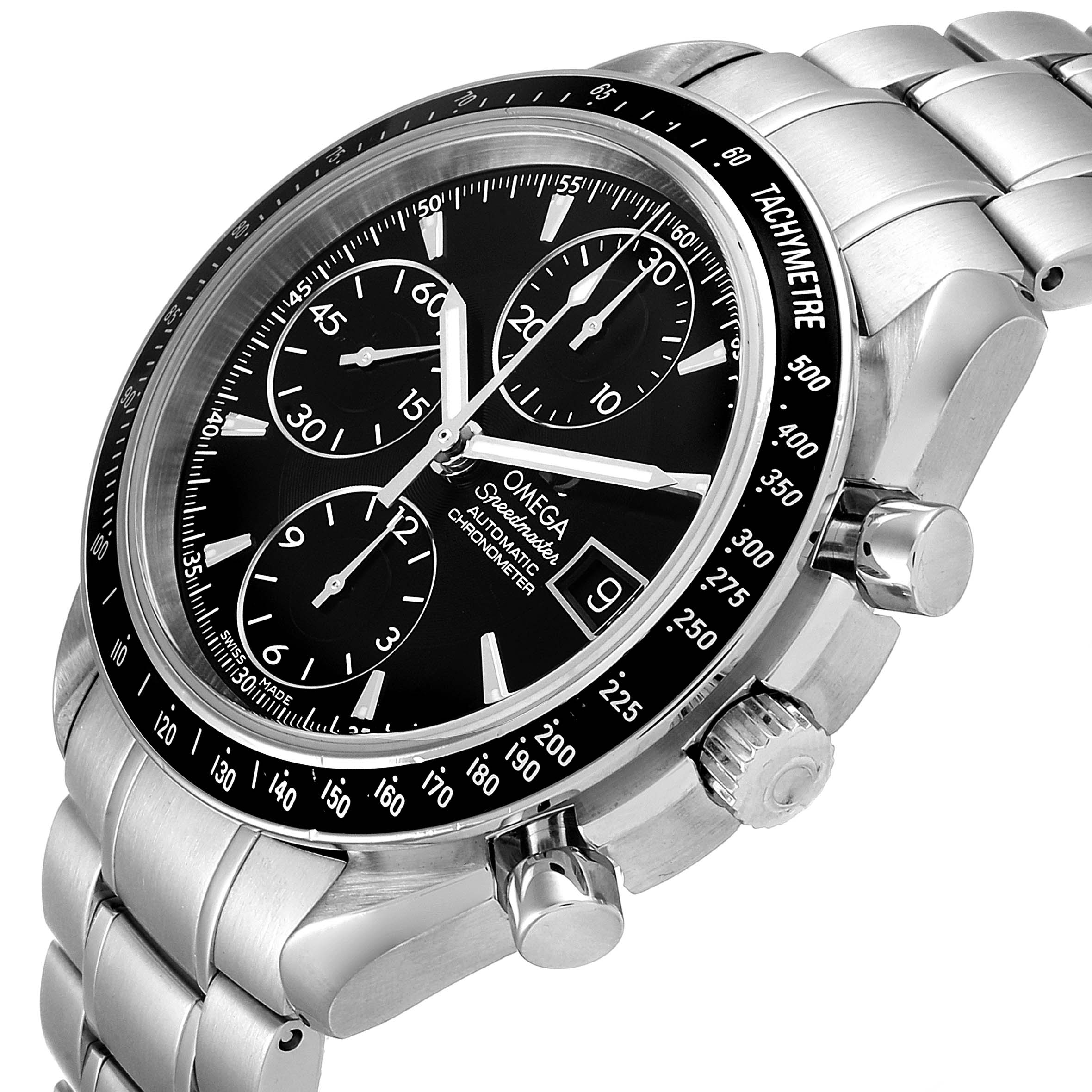The image shows an Omega Speedmaster 3210.50.00 Men
s Stainless Steel Black Dial 3210.50.00 Men
s Stainless Steel Black Dial watch angled to display its face, bezel, pushers, crown, and metal bracelet.