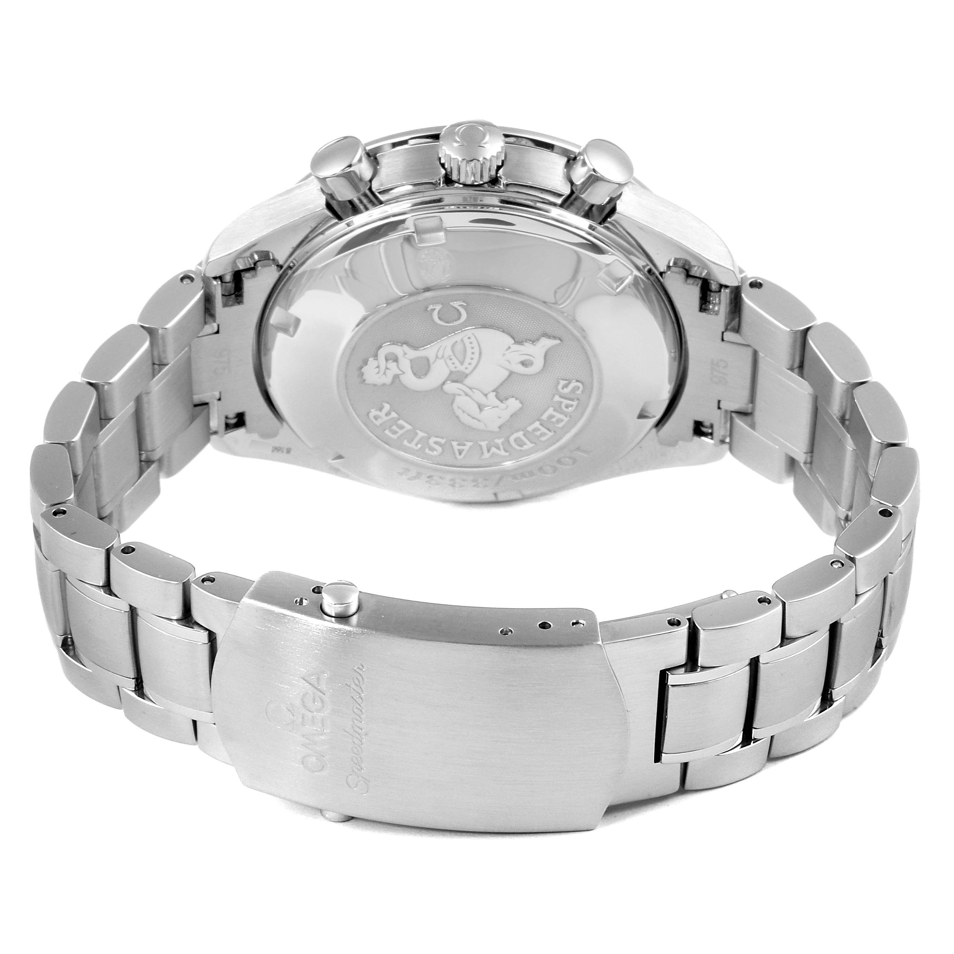 The image shows the back view of an Omega Speedmaster 3210.50.00 Men
s Stainless Steel Black Dial 3210.50.00 Men
s Stainless Steel Black Dial watch, focusing on the case back, bracelet, and clasp.