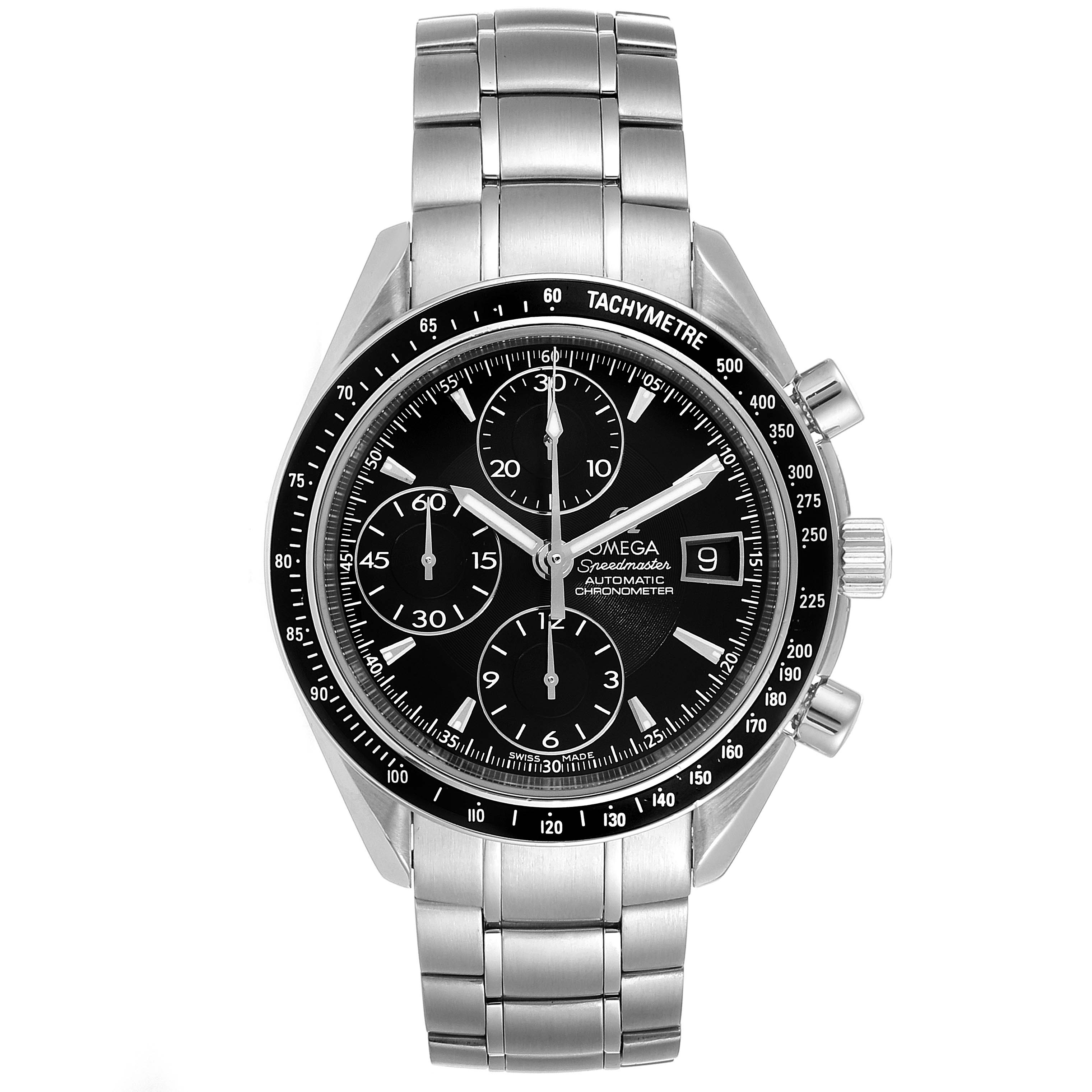 The image shows a front view of the Omega Speedmaster 3210.50.00 Men
s Stainless Steel Black Dial 3210.50.00 Men
s Stainless Steel Black Dial watch, displaying its dial, chronograph subdials, tachymeter bezel, and bracelet.