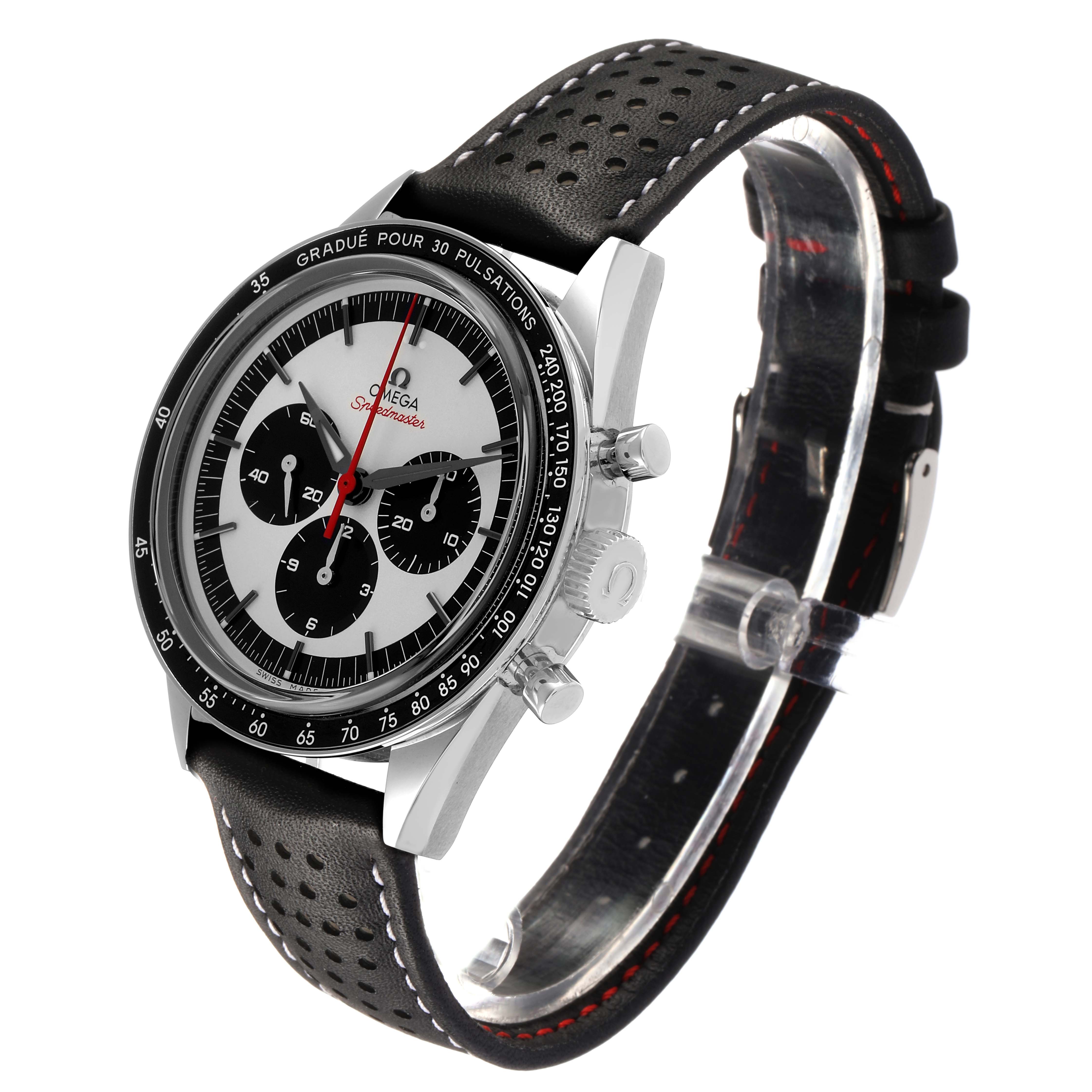 The Omega Speedmaster 311.32.40.30.02.001 Men's Stainless Steel Silver Dial is shown at a three-quarter angle, highlighting the dial, bezel, crown, pushers, and perforated strap.