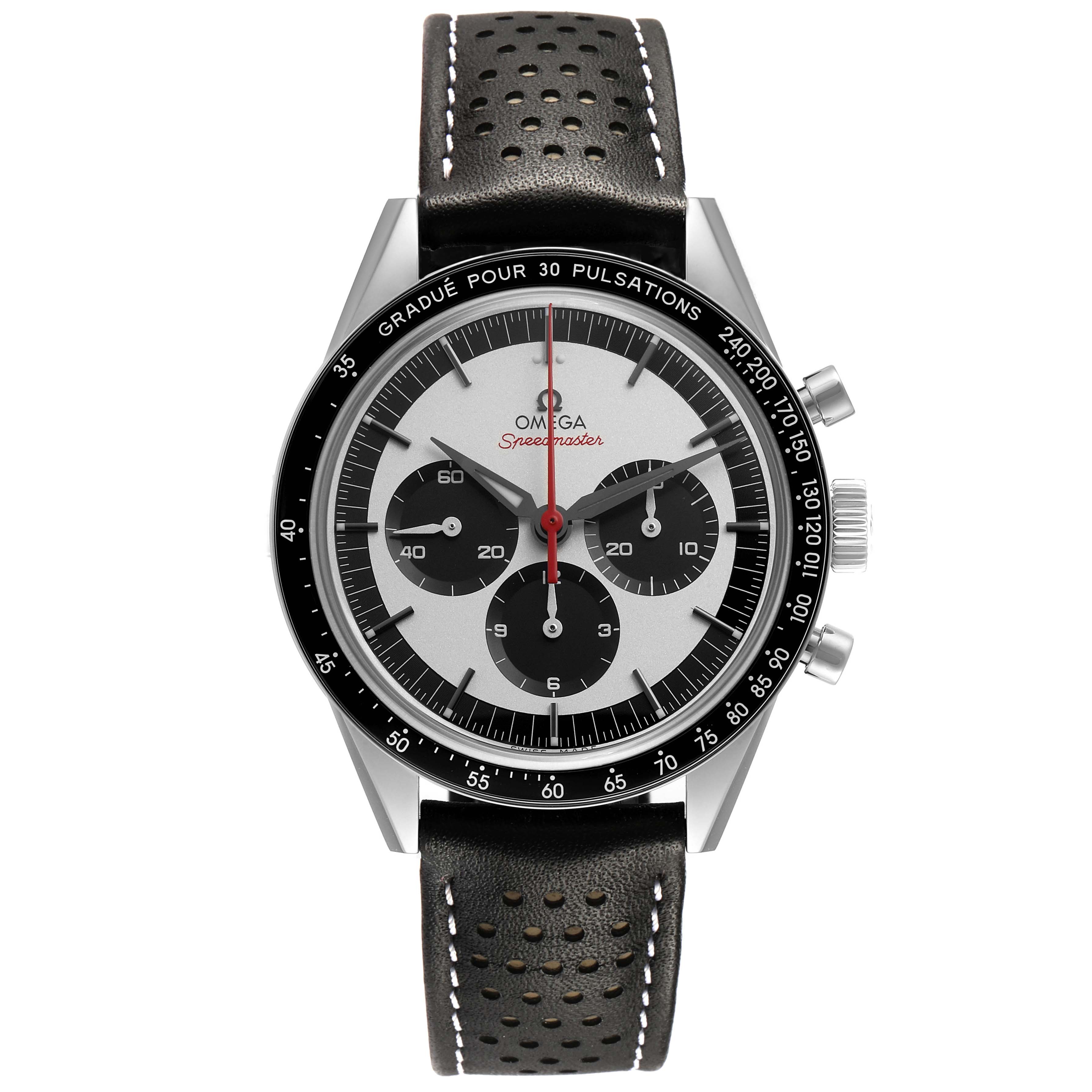 The Omega Speedmaster 311.32.40.30.02.001 Men's Stainless Steel Silver Dial watch is shown from a frontal angle, displaying the dial, bezel, and leather strap.