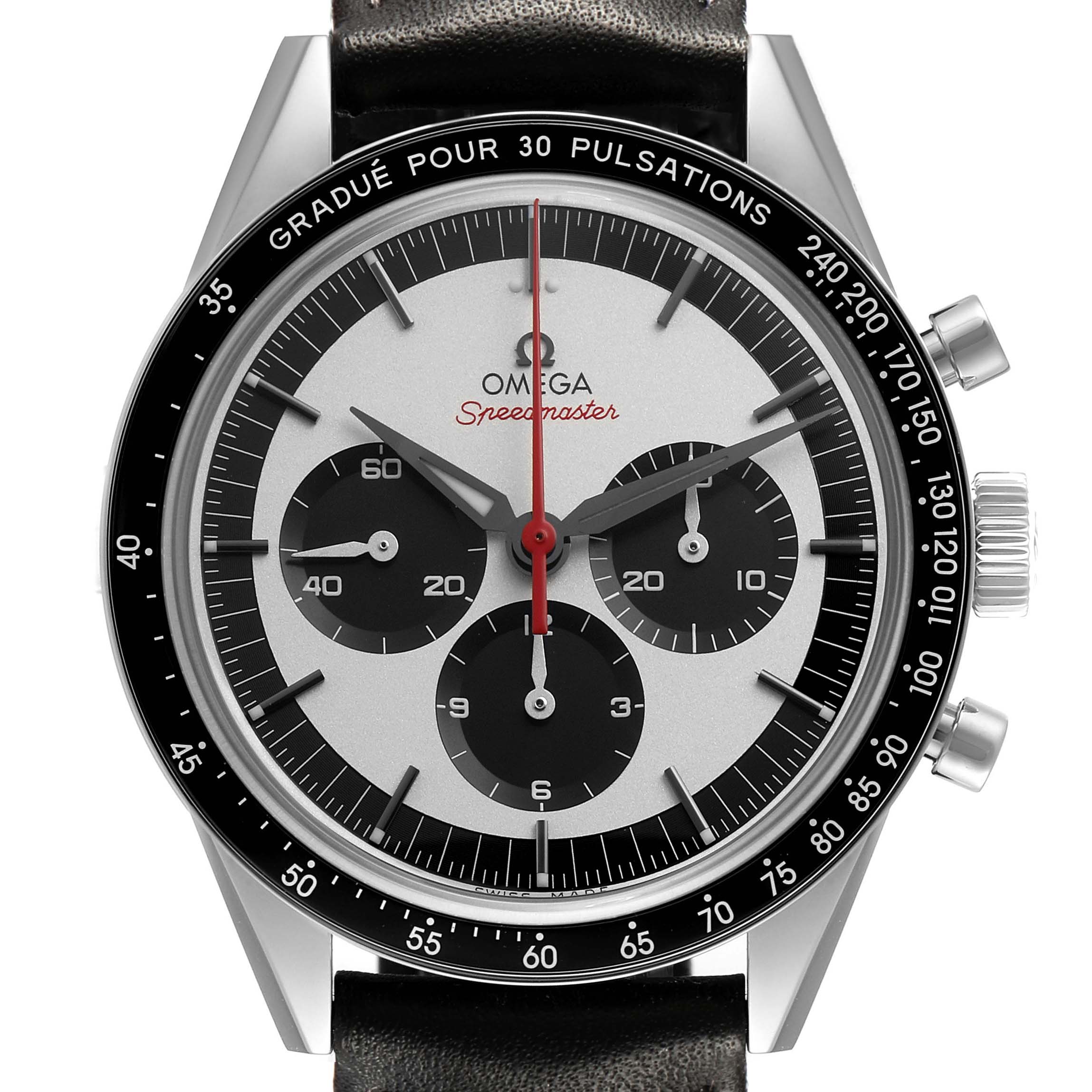 The image shows a frontal view of an Omega Speedmaster 311.32.40.30.02.001 Men's Stainless Steel Silver Dial watch, highlighting the dial, bezel, and pushers.