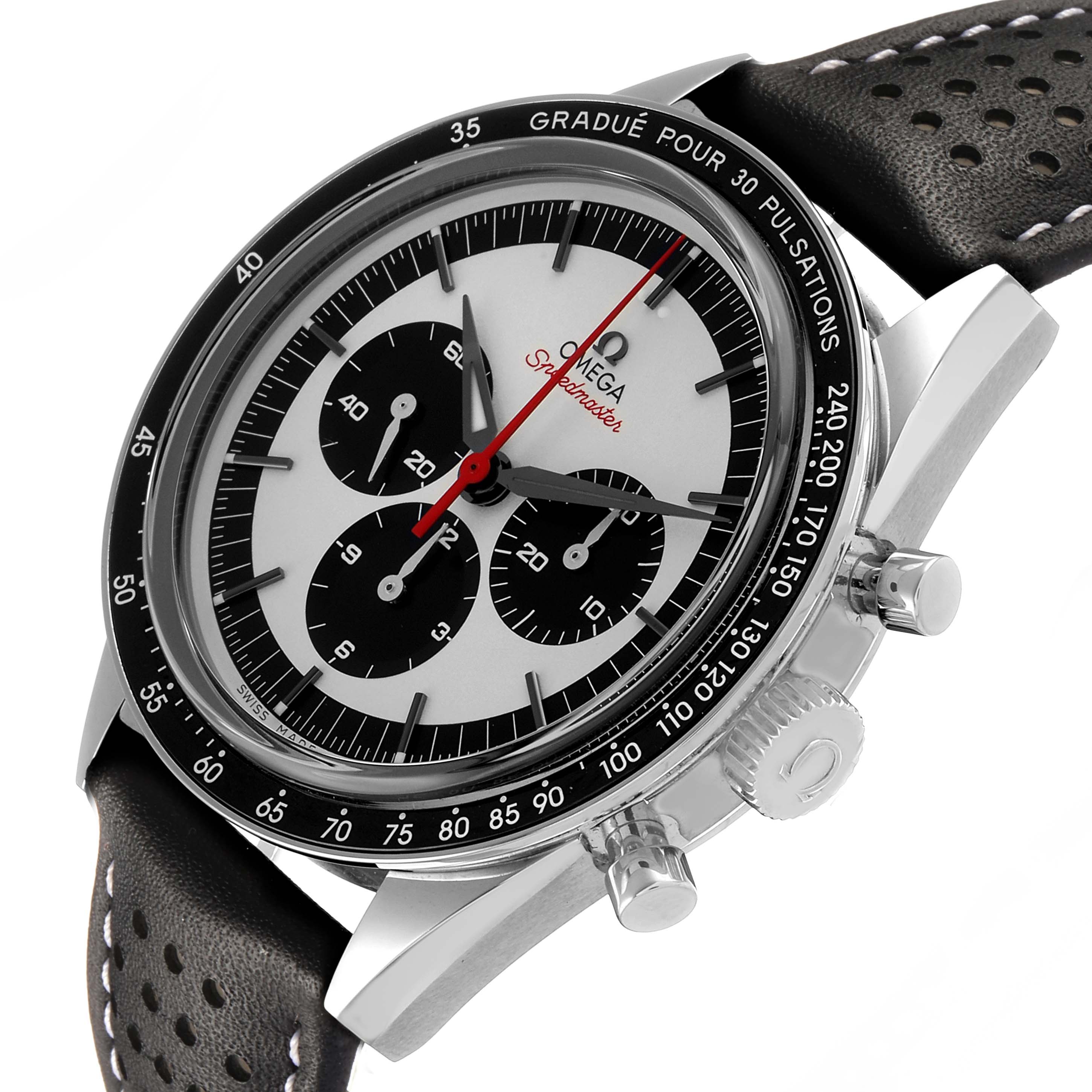 The Omega Speedmaster 311.32.40.30.02.001 Men's Stainless Steel Silver Dial watch is shown at an angled view, highlighting the face, bezel, pushers, crown, and perforated leather strap.