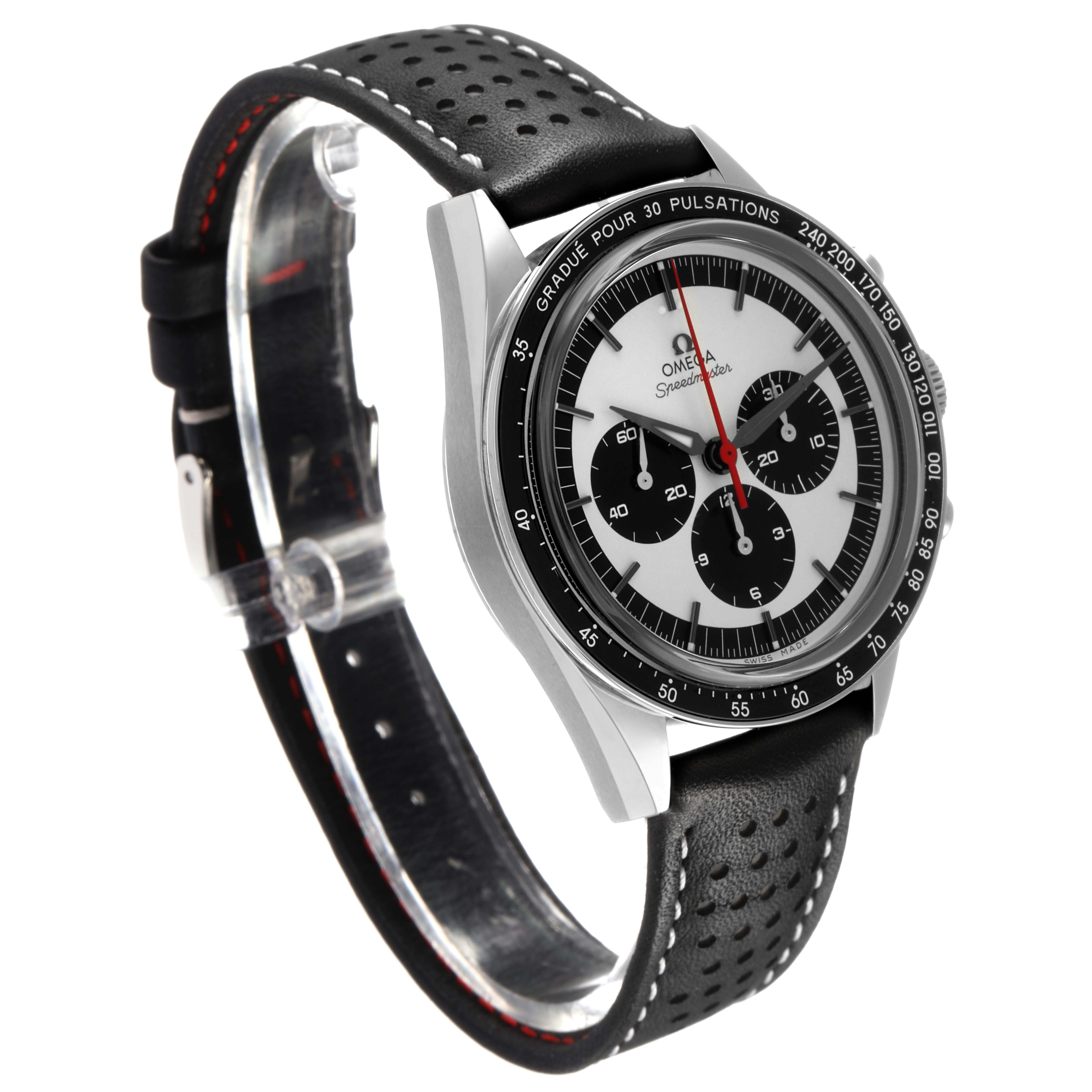 The Omega Speedmaster 311.32.40.30.02.001 Men's Stainless Steel Silver Dial watch is shown at a three-quarter angle, highlighting the dial, bezel, case, and perforated leather strap.