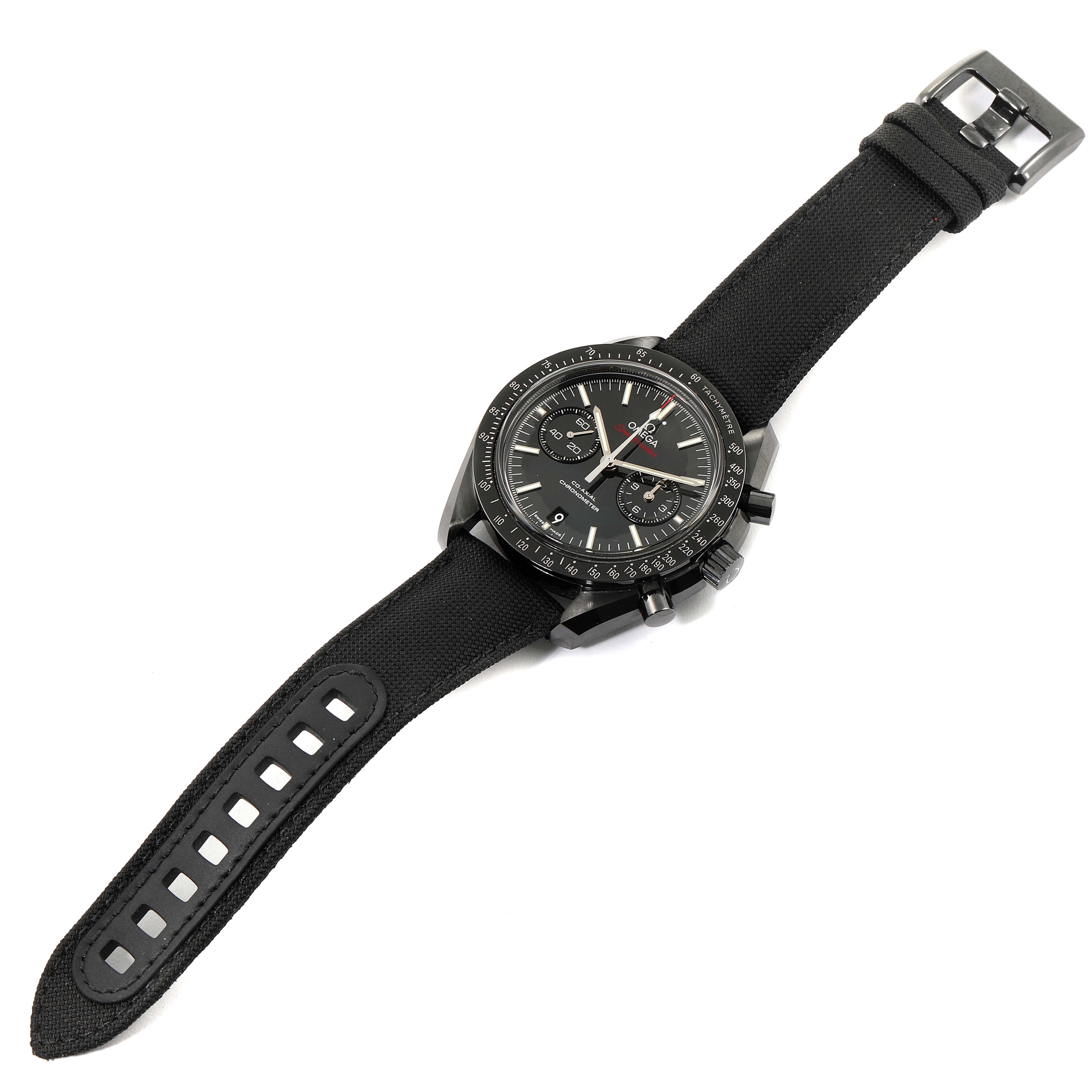 The image shows a top view of an Omega Speedmaster 311.92.44.51.01.003 Men's Ceramic Black Dial 311.92.44.51.01.003 Men's Ceramic Black Dial watch with its face, strap, and buckle visible.