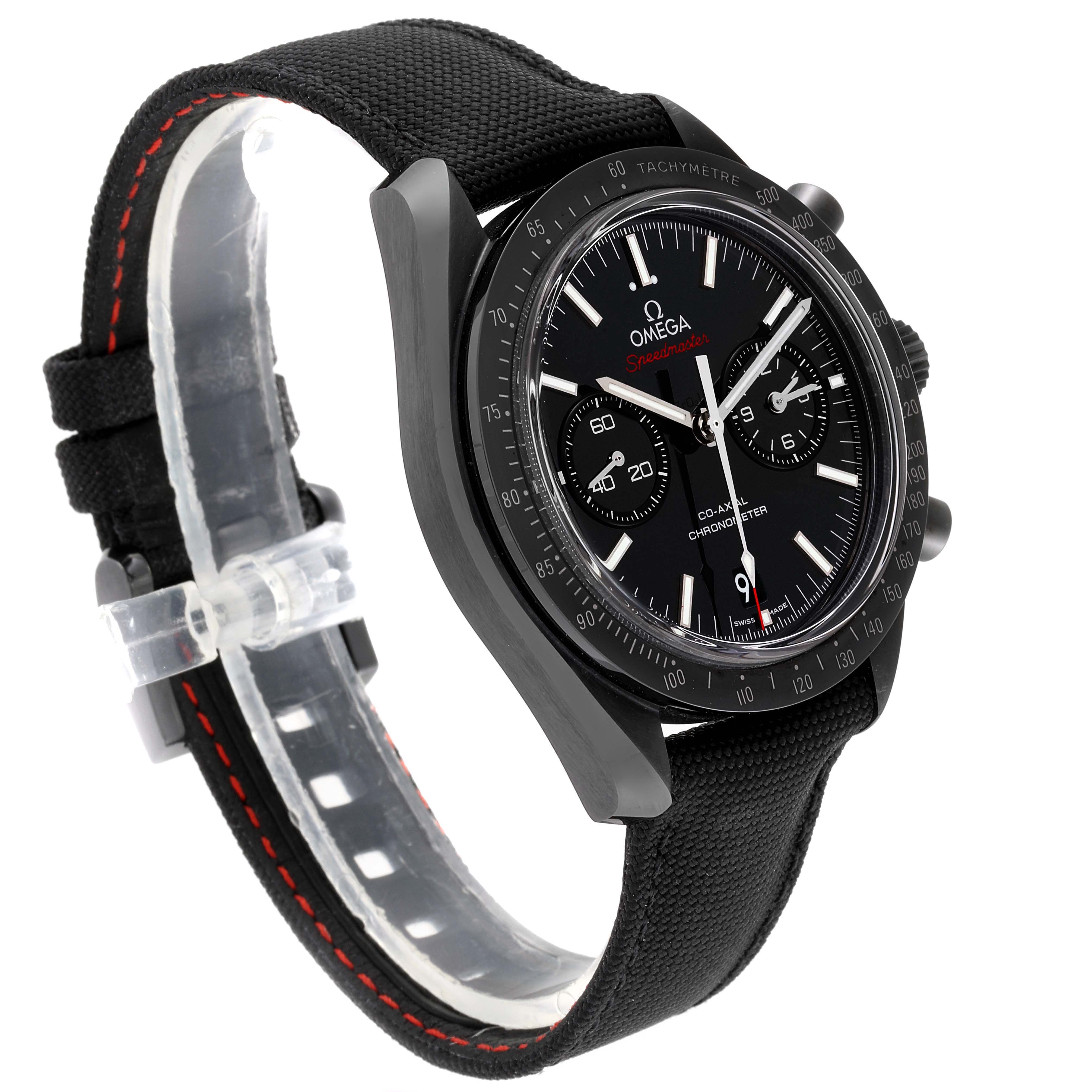 The Omega Speedmaster 311.92.44.51.01.003 Men's Ceramic Black Dial 311.92.44.51.01.003 Men's Ceramic Black Dial watch is shown at a three-quarter angle, displaying the face, strap, and side buttons.