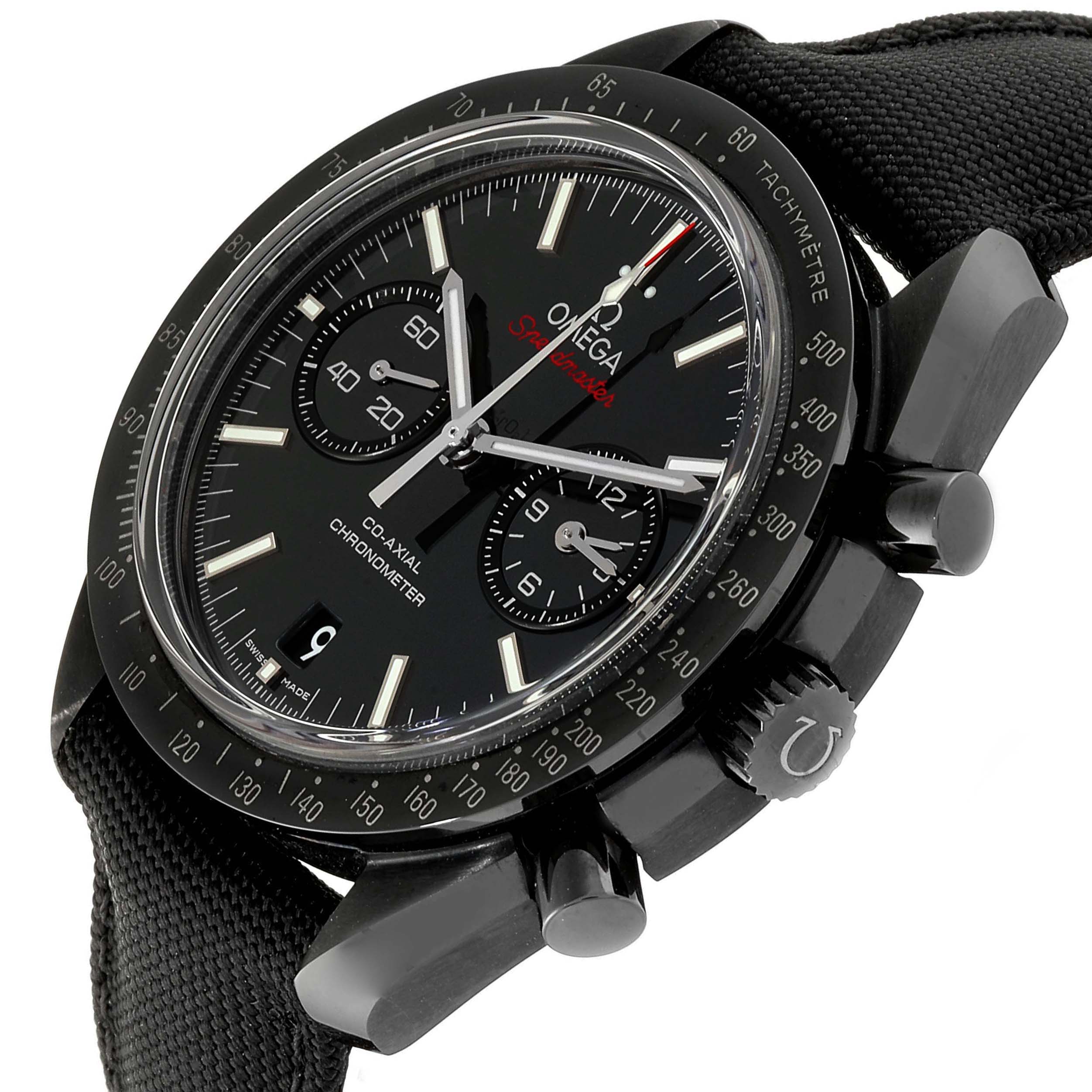 The image shows a close-up, angled view of the Omega Speedmaster 311.92.44.51.01.003 Men's Ceramic Black Dial 311.92.44.51.01.003 Men's Ceramic Black Dial watch, highlighting the dial, bezels, pushers, and part of the strap.