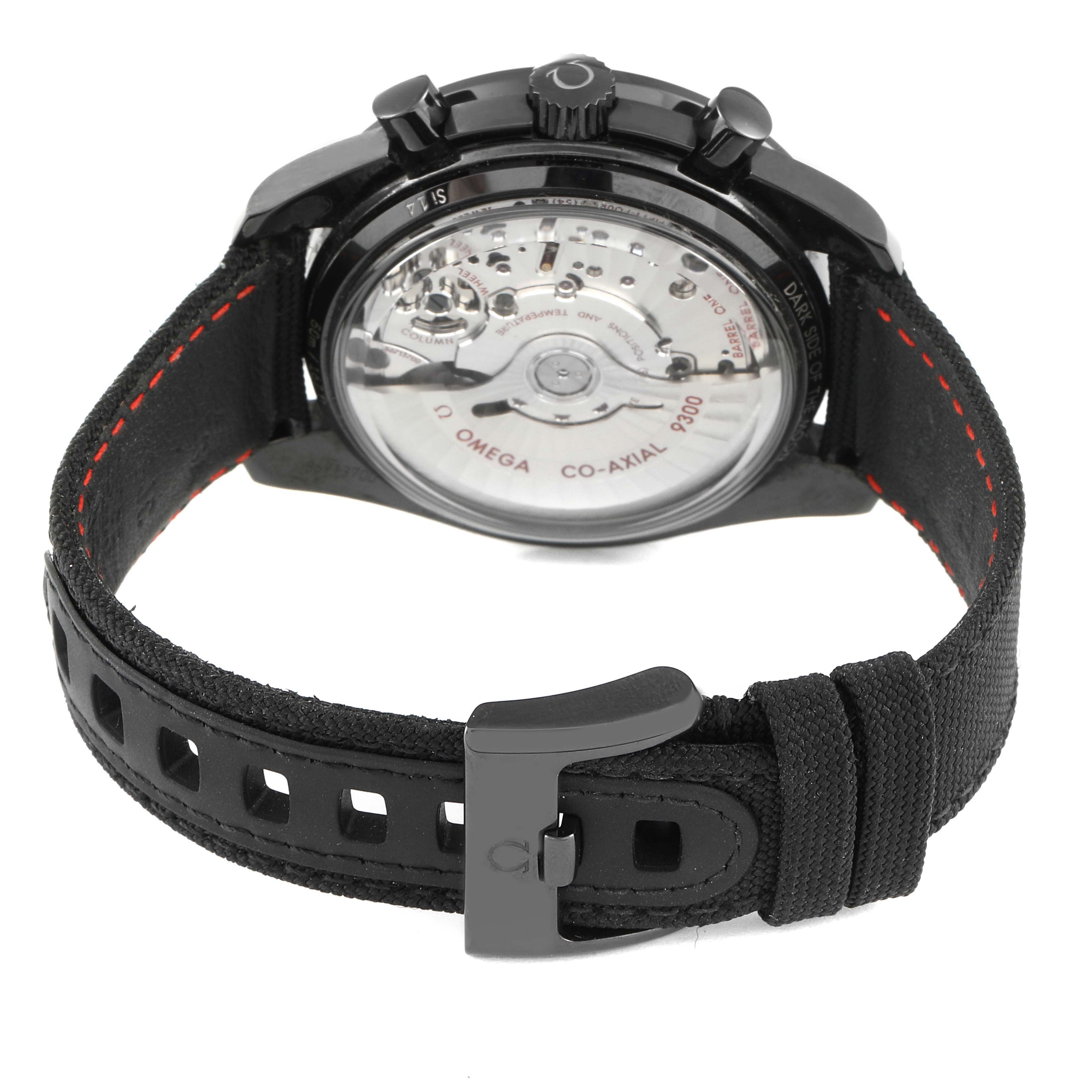 The image shows the back view of an Omega Speedmaster 311.92.44.51.01.003 Men's Ceramic Black Dial 311.92.44.51.01.003 Men's Ceramic Black Dial watch, highlighting its transparent case back and strap.