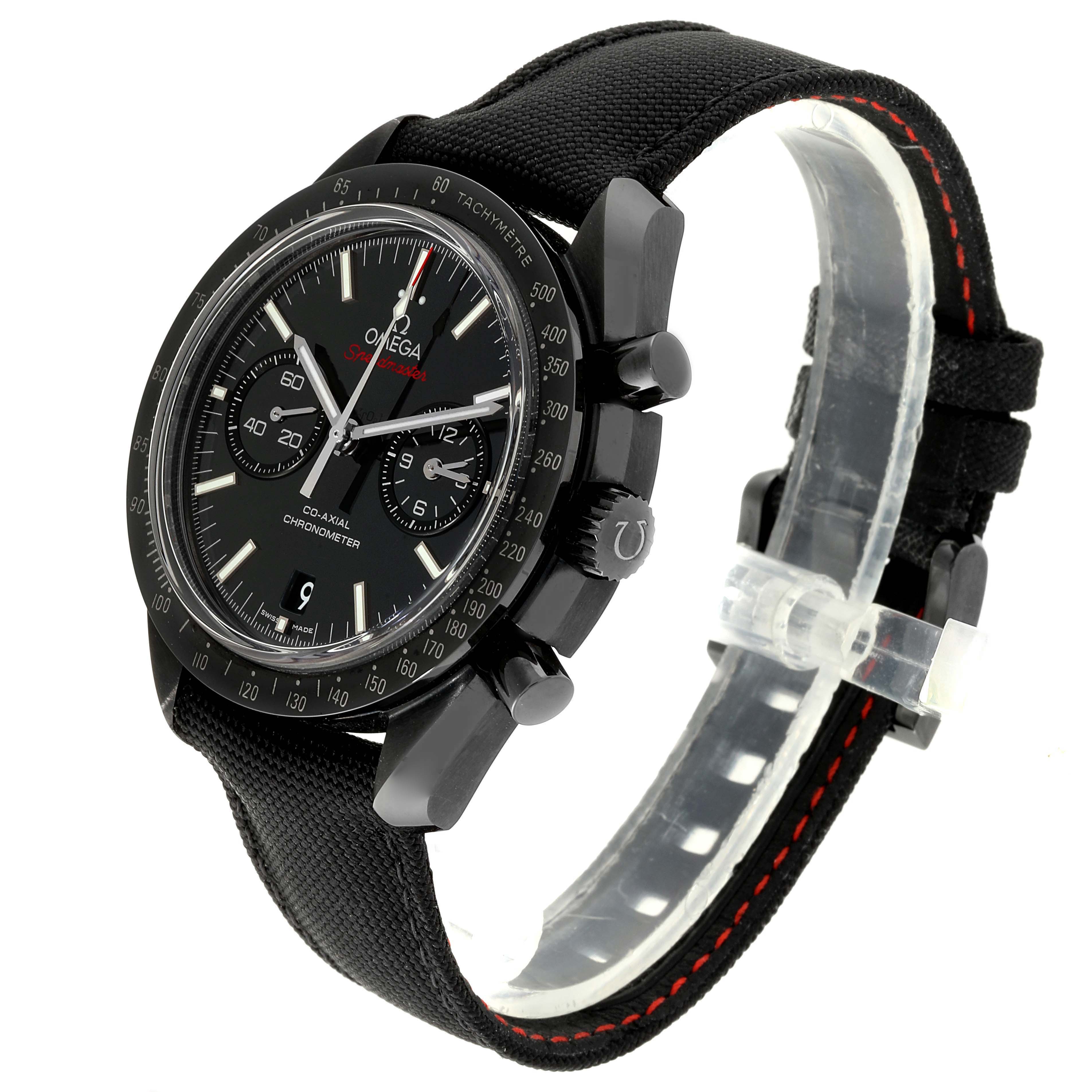 The image shows an angled side view of the Omega Speedmaster 311.92.44.51.01.003 Men's Ceramic Black Dial 311.92.44.51.01.003 Men's Ceramic Black Dial watch, highlighting the face, bezel, chronograph buttons, and strap.