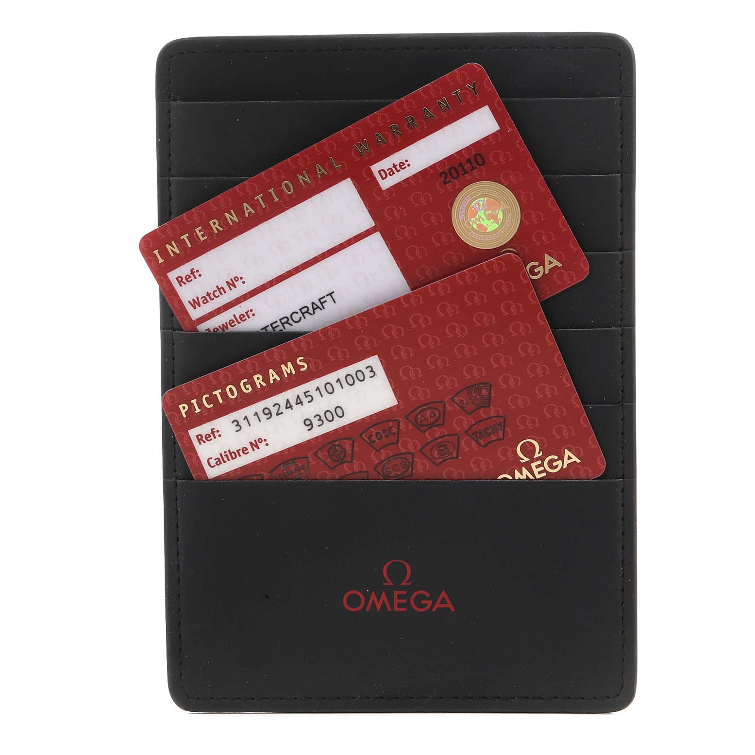 The image shows Omega Speedmaster 311.92.44.51.01.003 Men's Ceramic Black Dial 311.92.44.51.01.003 Men's Ceramic Black Dial watch's international warranty and pictograms cards in a black Omega cardholder.