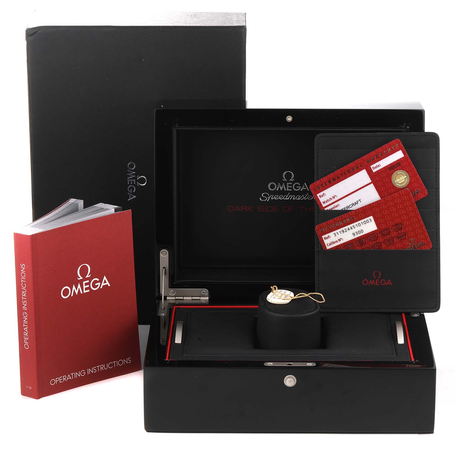 The image shows the Omega Speedmaster 311.92.44.51.01.003 Men's Ceramic Black Dial 311.92.44.51.01.003 Men's Ceramic Black Dial watch accessories, including the box, operating instructions, and warranty cards.