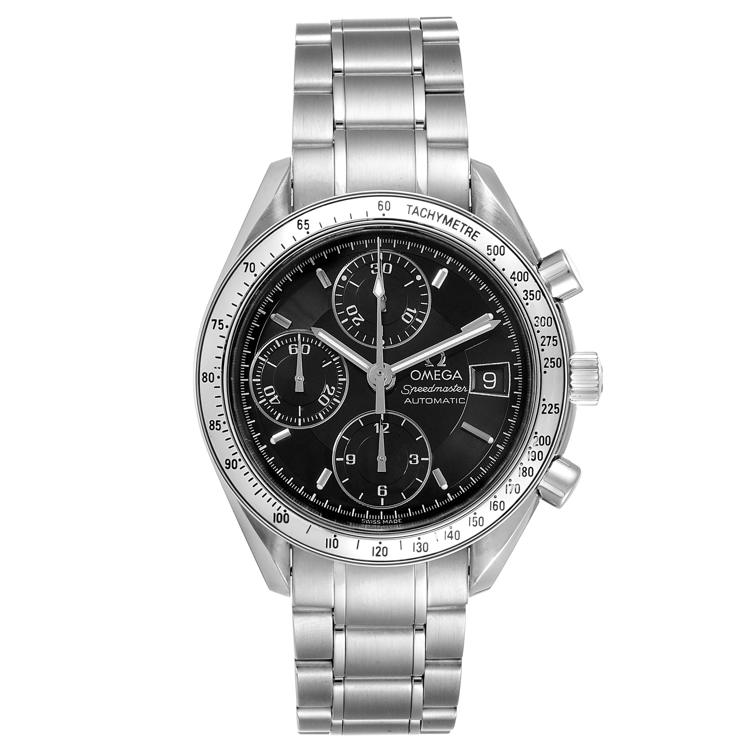 This image shows a front view of an Omega Speedmaster 3513.50.00 Men
s Stainless Steel Black Dial 3513.50.00 Men
s Stainless Steel Black Dial watch, highlighting its dial, subdials, bezel, and steel bracelet.