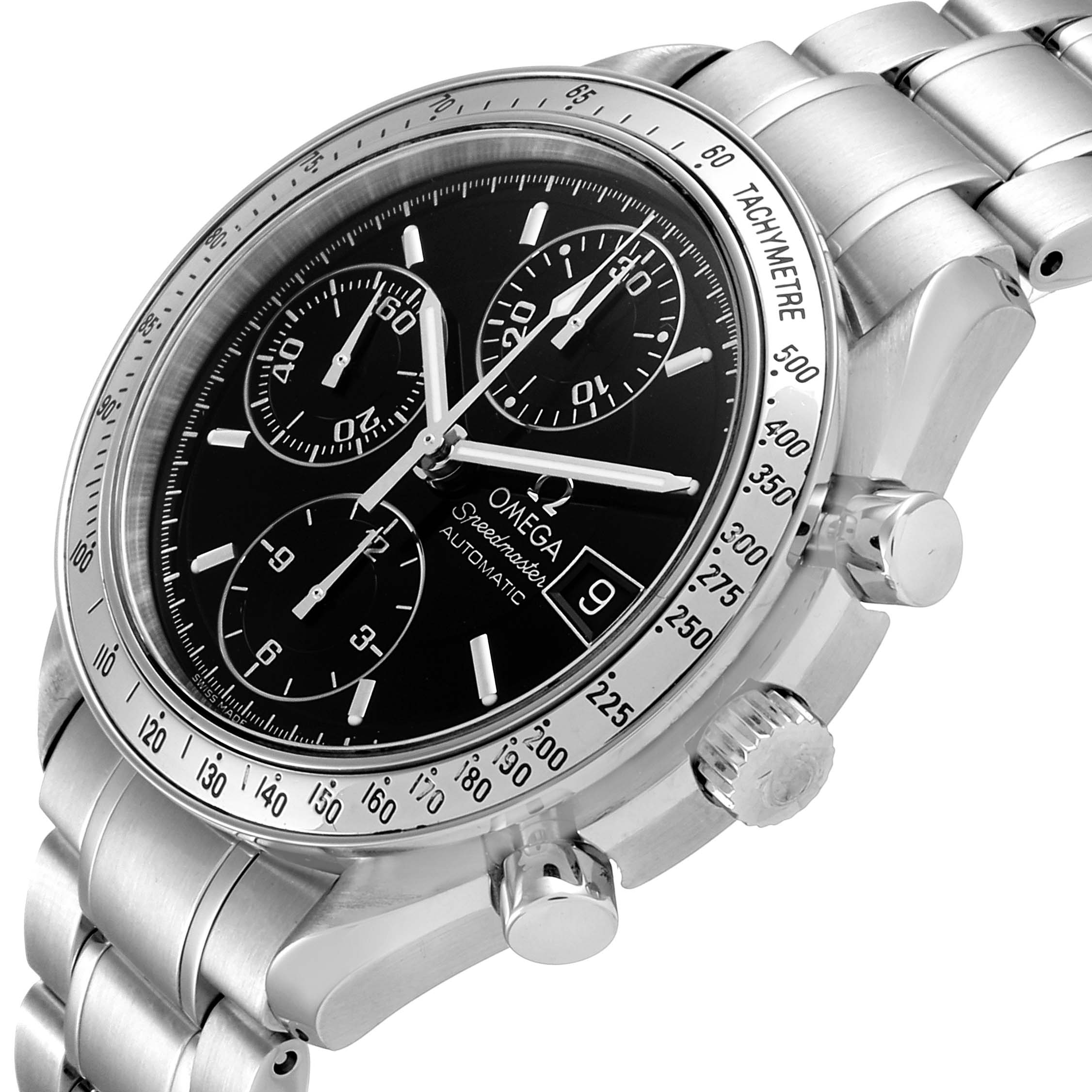The Omega Speedmaster 3513.50.00 Men
s Stainless Steel Black Dial 3513.50.00 Men
s Stainless Steel Black Dial watch is shown from an angled side view, highlighting the face, bezel, chronograph subdials, and bracelet.