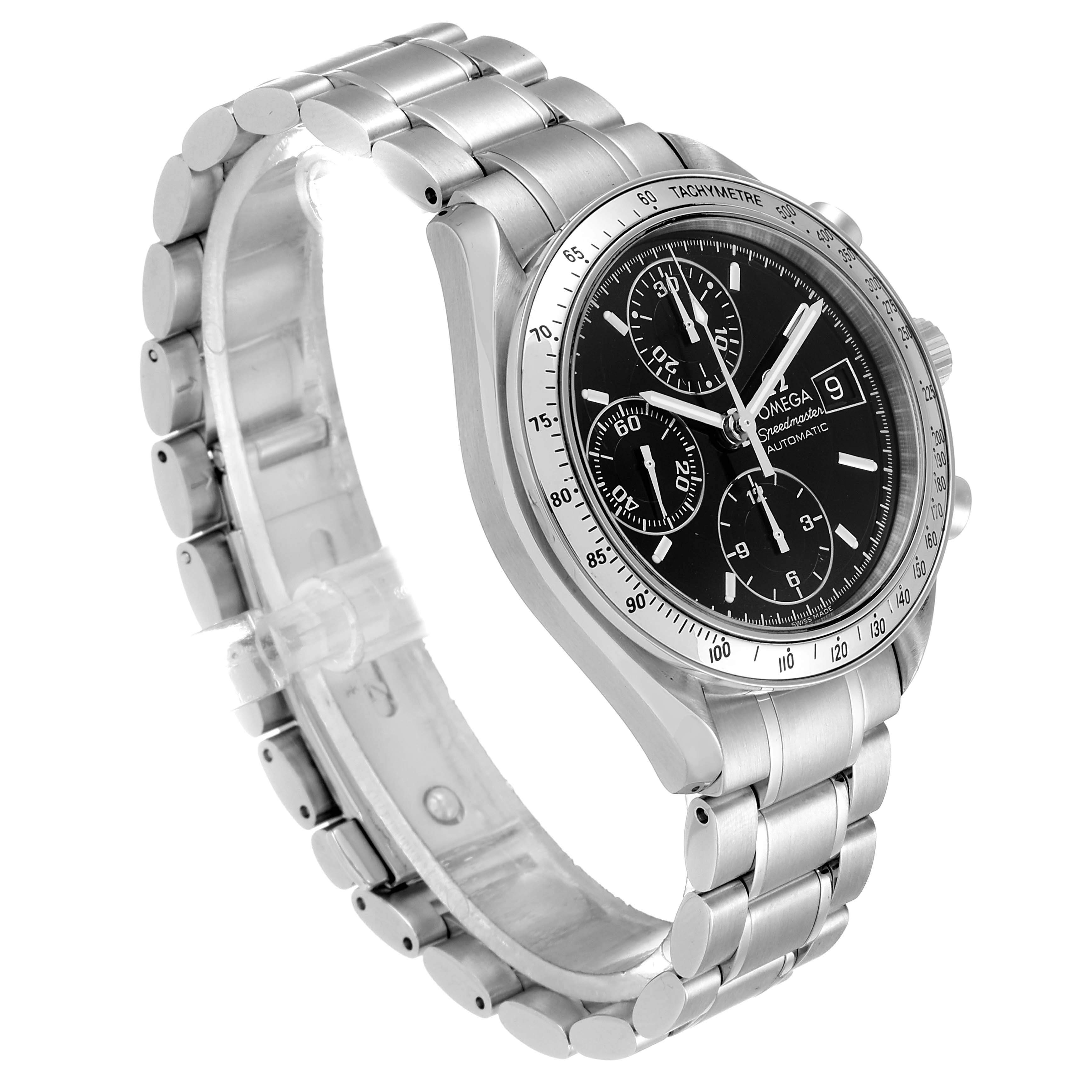 The Omega Speedmaster 3513.50.00 Men
s Stainless Steel Black Dial 3513.50.00 Men
s Stainless Steel Black Dial watch is shown at a slight angle, depicting the full bracelet, case, black dial, and chronograph subdials.