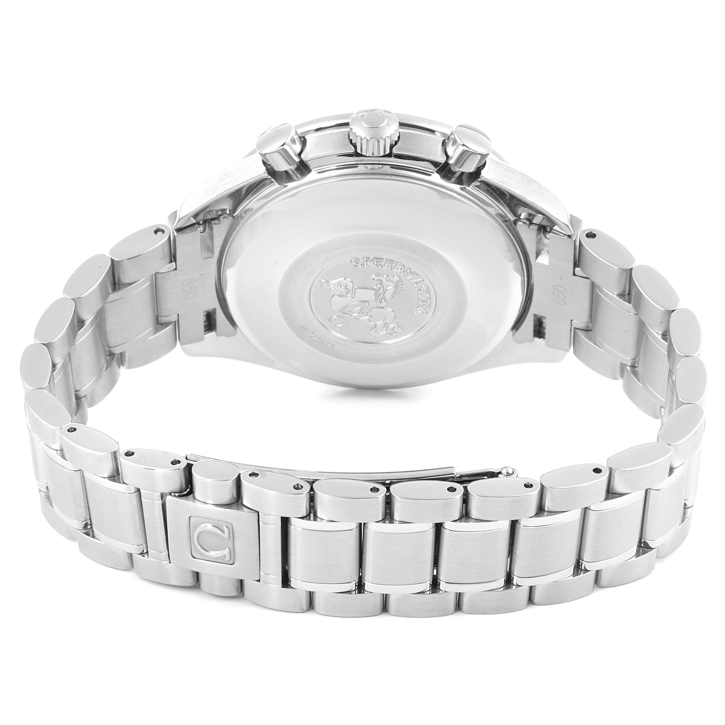 The image shows the back view of an Omega Speedmaster 3513.50.00 Men
s Stainless Steel Black Dial 3513.50.00 Men
s Stainless Steel Black Dial watch, including the case back and bracelet.