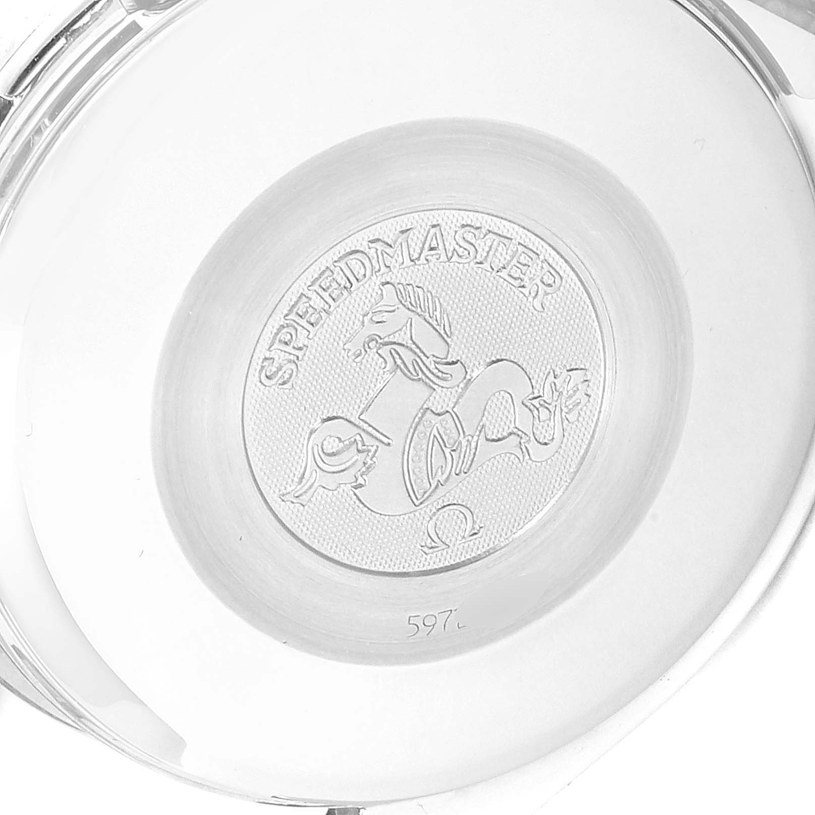 The image shows the engraved case back of an Omega Speedmaster 3513.50.00 Men
s Stainless Steel Black Dial 3513.50.00 Men
s Stainless Steel Black Dial watch, viewed directly from above.